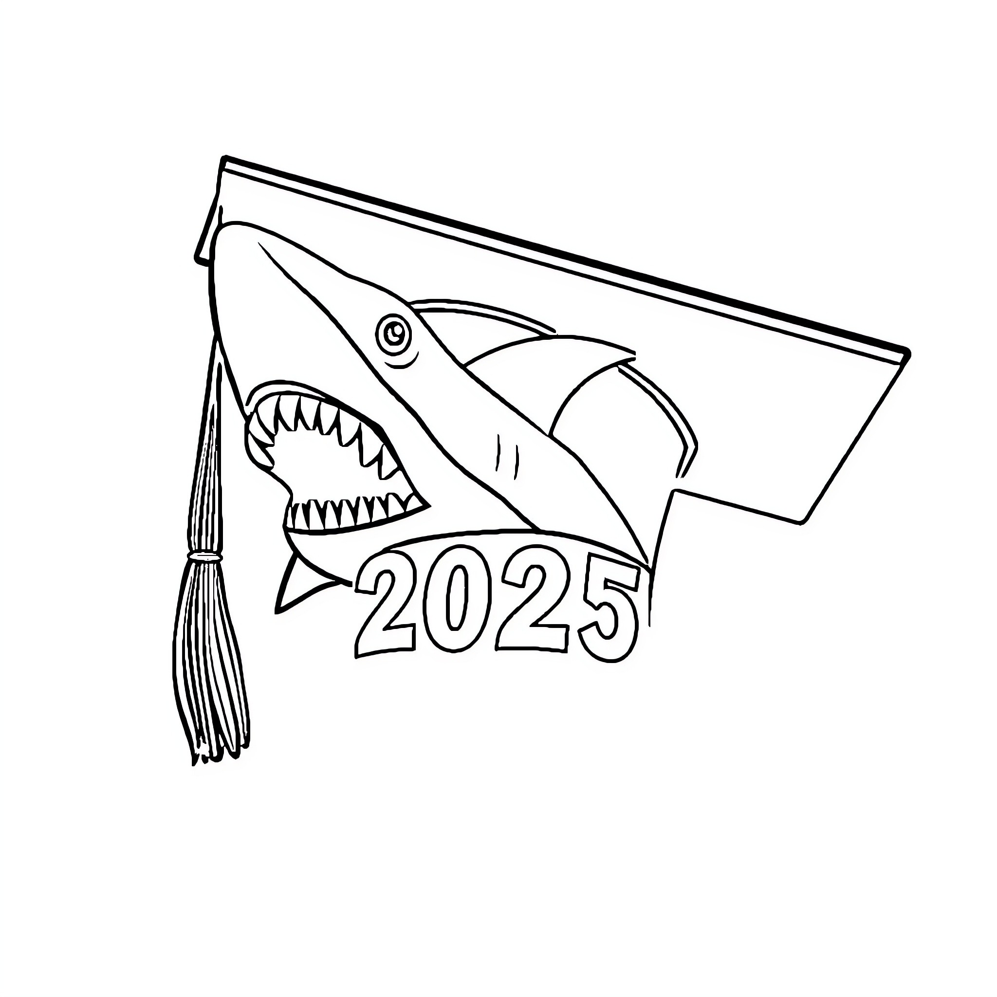 Shark graduate earning degree in 2025 Coloring Page (free black-and-white line drawing printable PDF for all, from beginners to advanced learners, including children, teens, adults, and seniors)