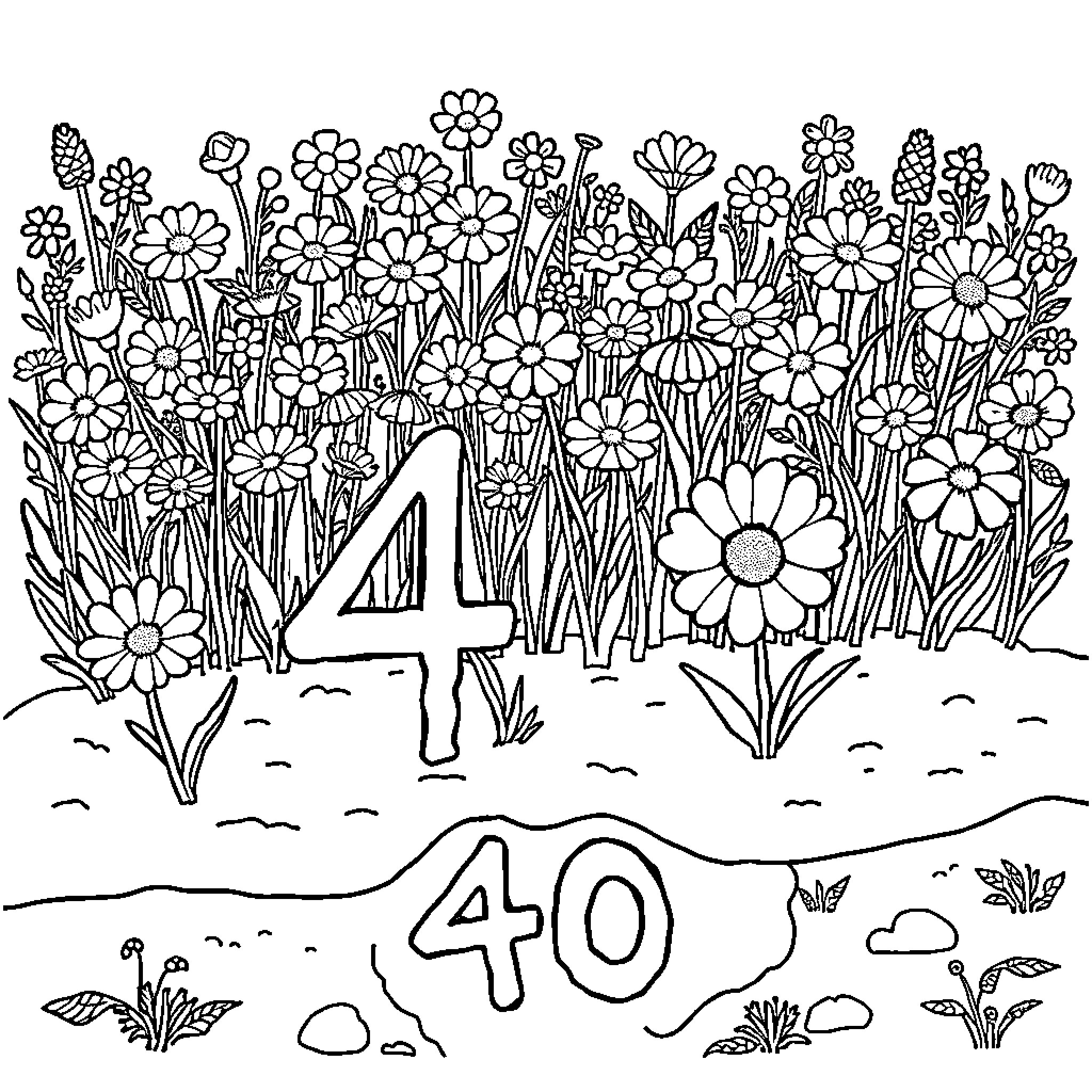 Wildflowers in bloom amid numbers and landscape Coloring Page (free black-and-white line drawing printable PDF for all, from beginners to advanced learners, including children, teens, adults, and seniors)