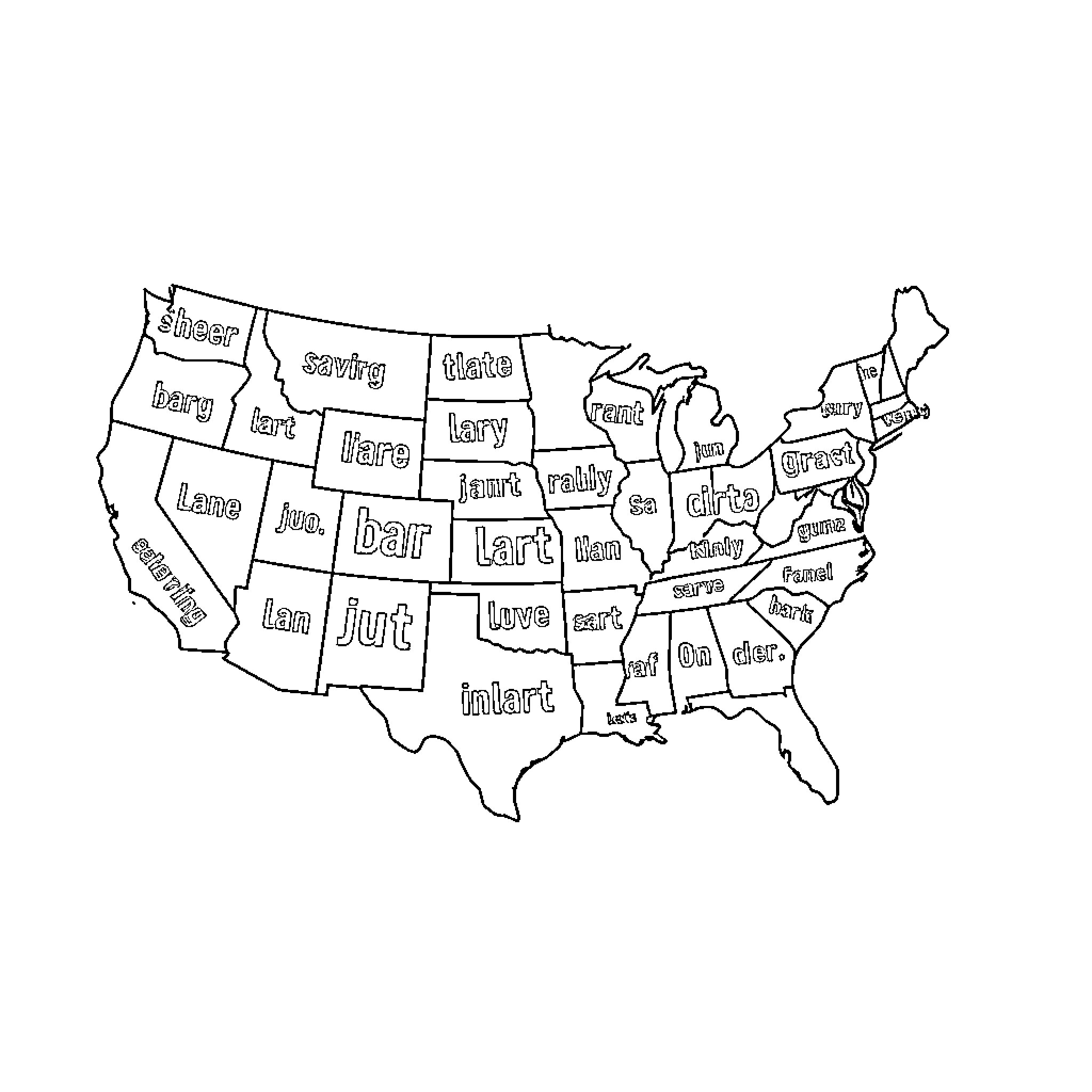 Map of United States with text labels Coloring Page (free black-and-white line drawing printable PDF for all, from beginners to advanced learners, including children, teens, adults, and seniors)