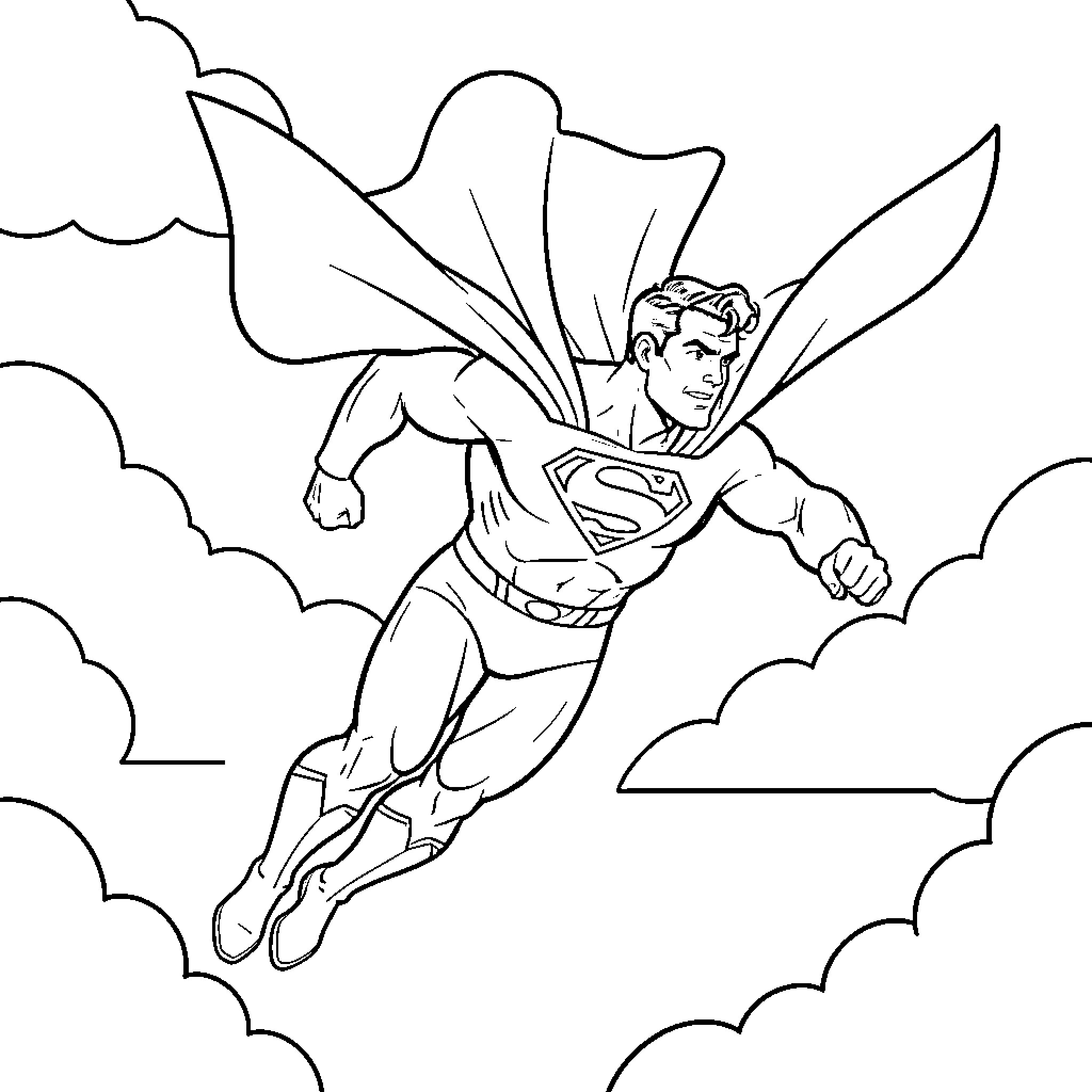 Superman flying heroically through the clouds Coloring Page (free black-and-white line drawing printable PDF for all, from beginners to advanced learners, including children, teens, adults, and seniors)