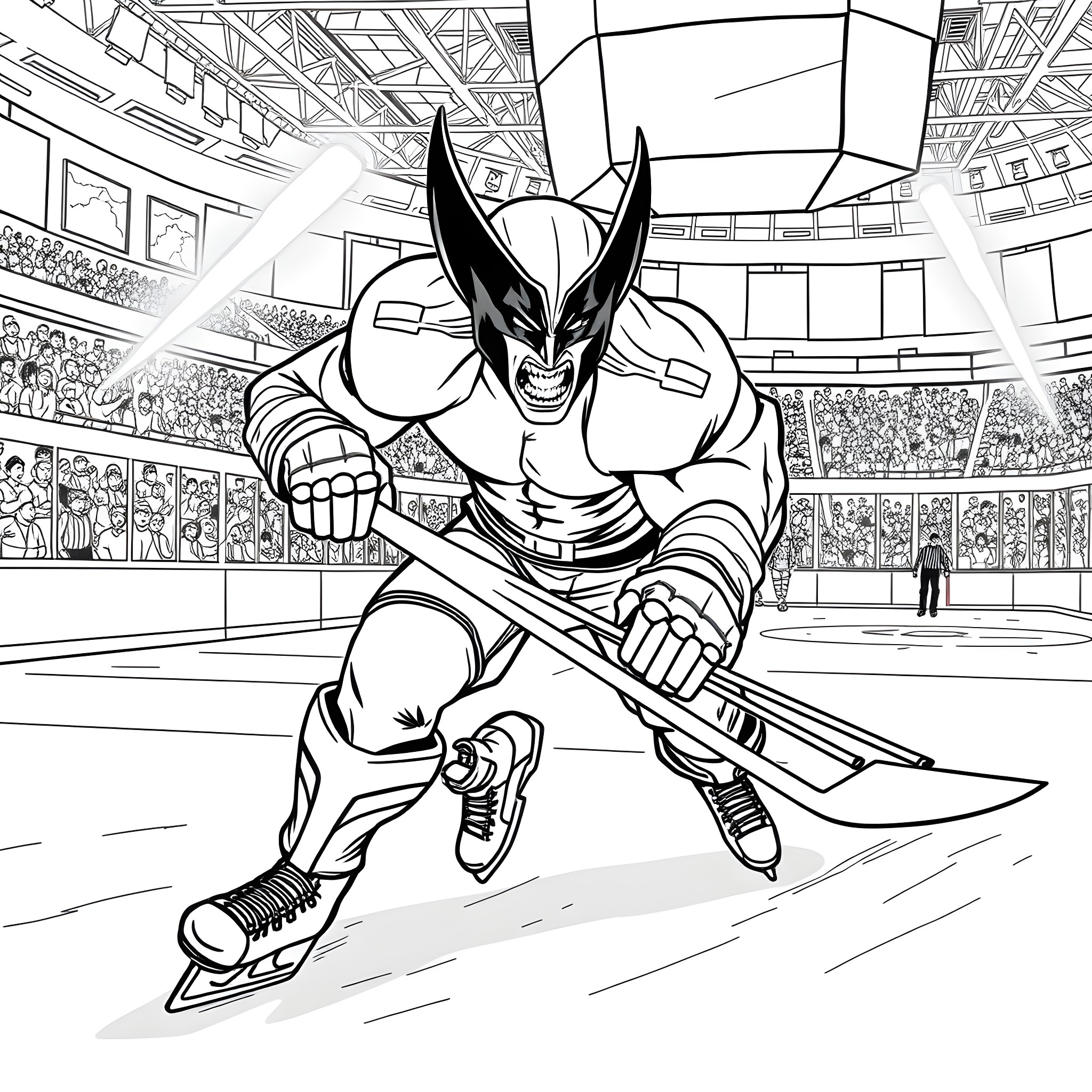 Wolverine ice hockey player in action Coloring Page (free black-and-white line drawing printable PDF for all, from beginners to advanced learners, including children, teens, adults, and seniors)