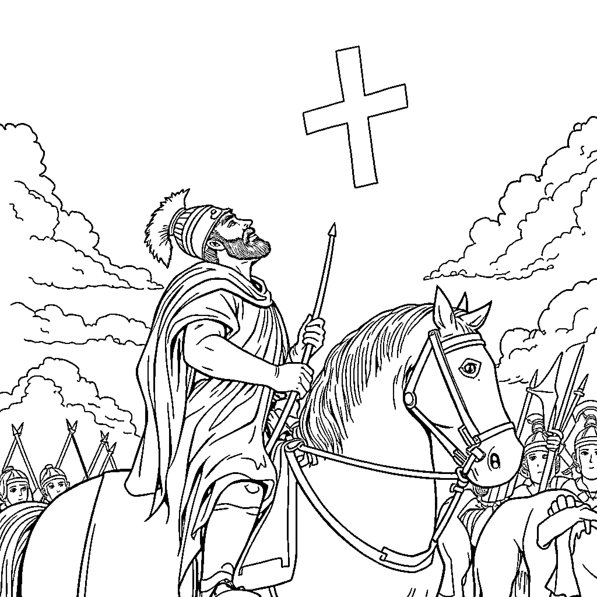 Constantine leading his army with a cross Coloring Page (free black-and-white line drawing printable PDF for all, from beginners to advanced learners, including children, teens, adults, and seniors)