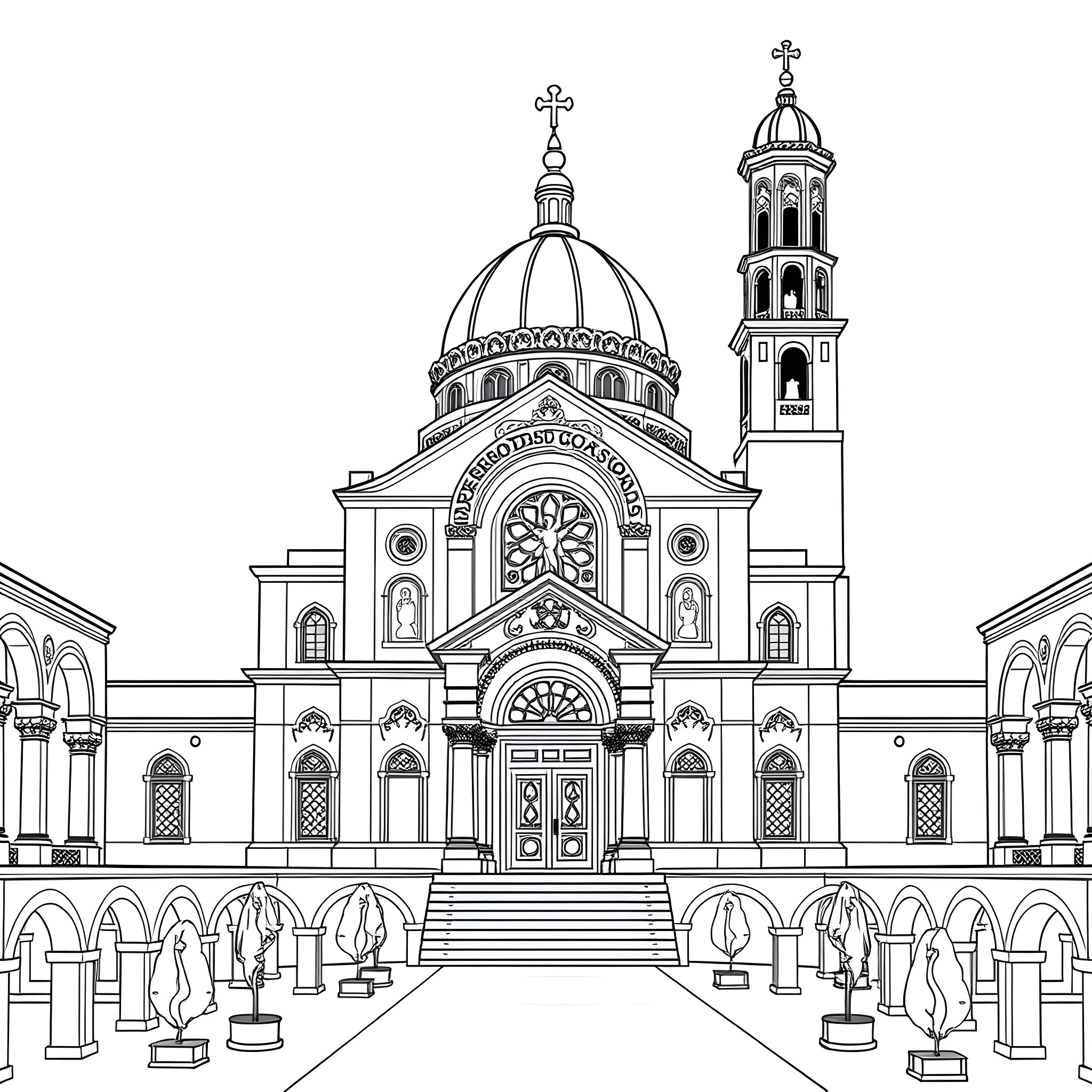 Coptic Orthodox Church with ornate architecture and domed roof Coloring Page (free black-and-white line drawing printable PDF for all, from beginners to advanced learners, including children, teens, adults, and seniors)