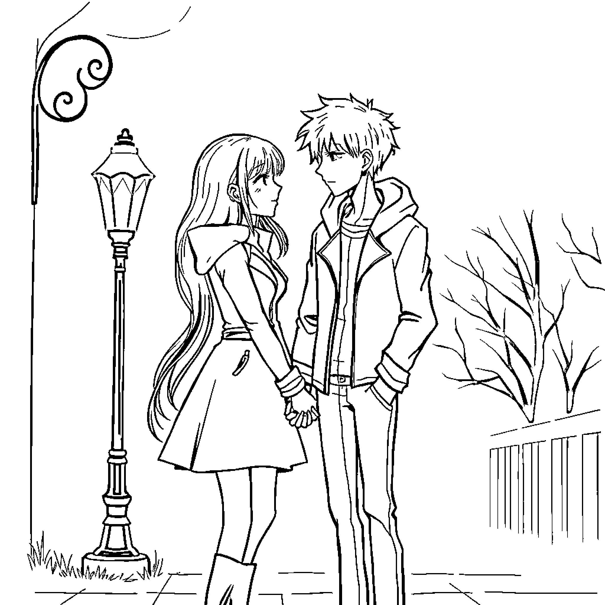 Couple enjoying romantic moment in park Coloring Page (free black-and-white line drawing printable PDF for all, from beginners to advanced learners, including children, teens, adults, and seniors)