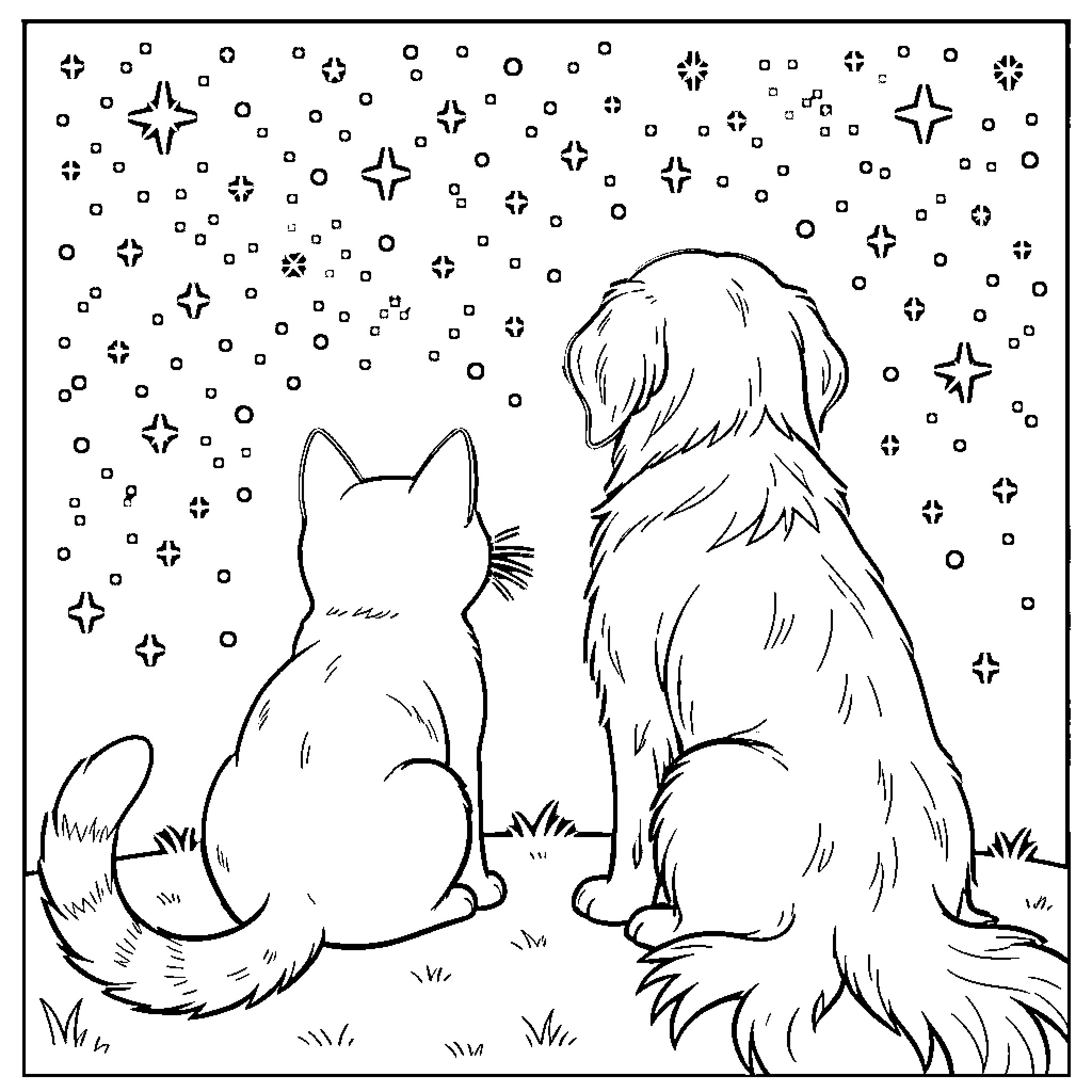 Cat and Dog Gazing at the Starry Night Sky Coloring Page (free black-and-white line drawing printable PDF for all, from beginners to advanced learners, including children, teens, adults, and seniors)