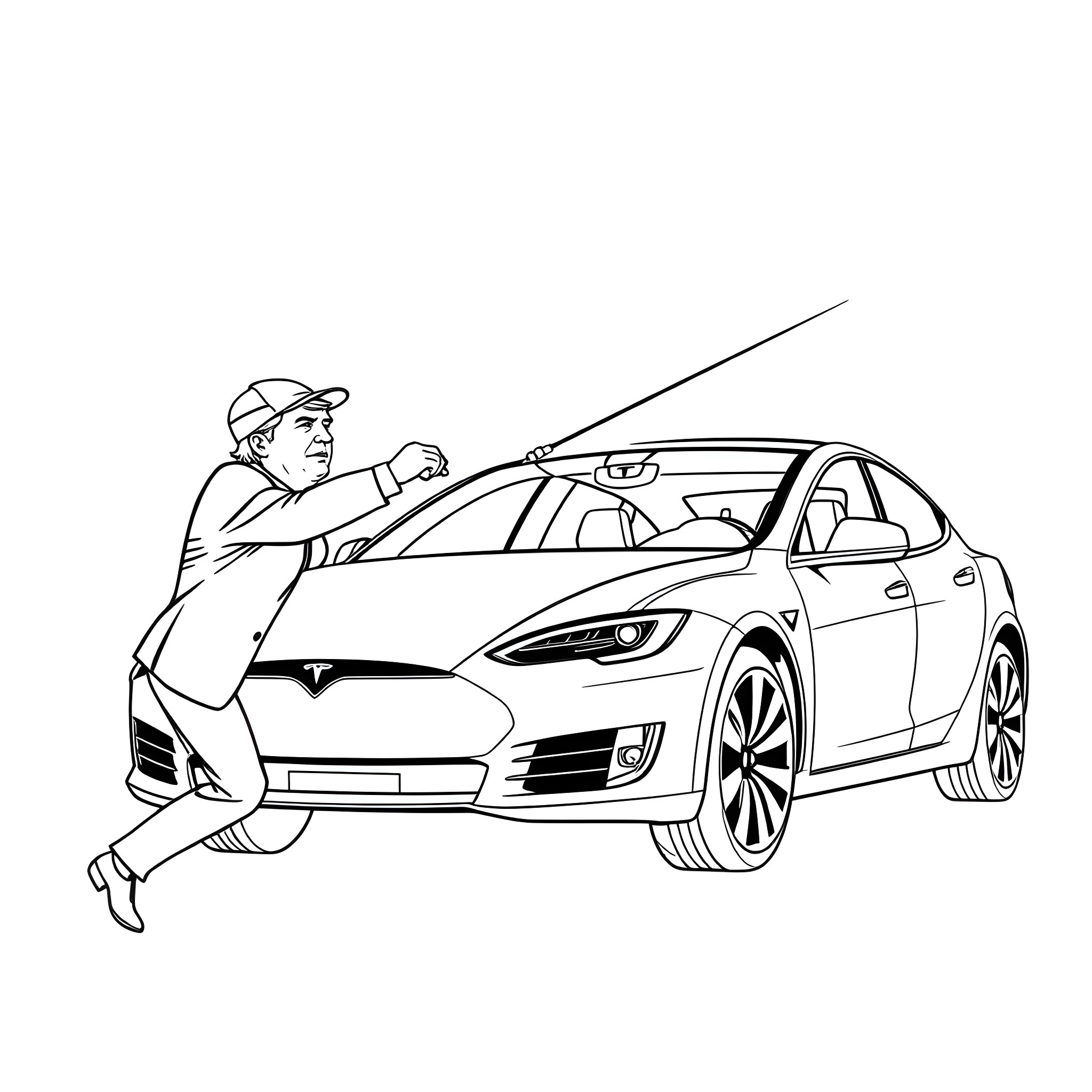Trump examining his electric vehicle with interest Coloring Page (free black-and-white line drawing printable PDF for all, from beginners to advanced learners, including children, teens, adults, and seniors)
