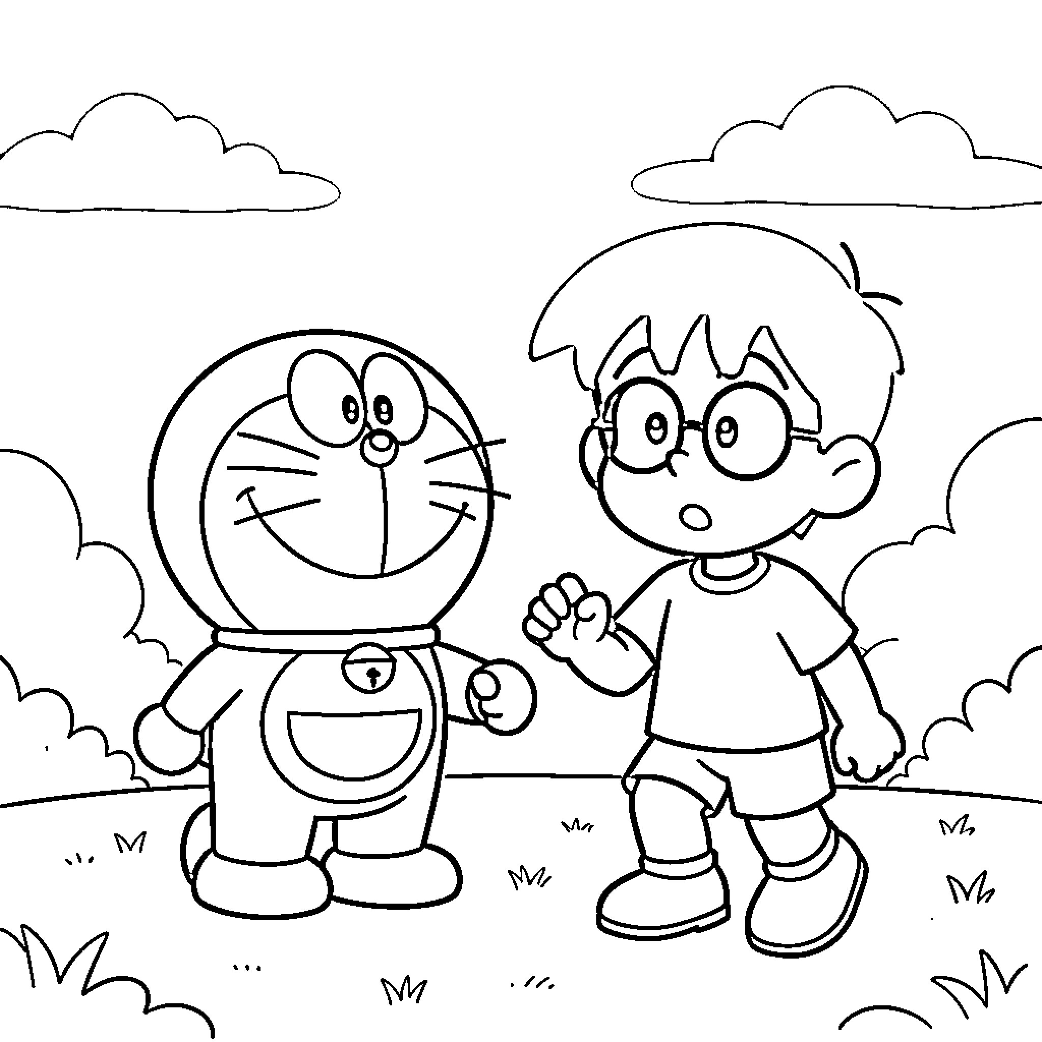 Doraemon and boy exploring the outdoors Coloring Page (free black-and-white line drawing printable PDF for all, from beginners to advanced learners, including children, teens, adults, and seniors)