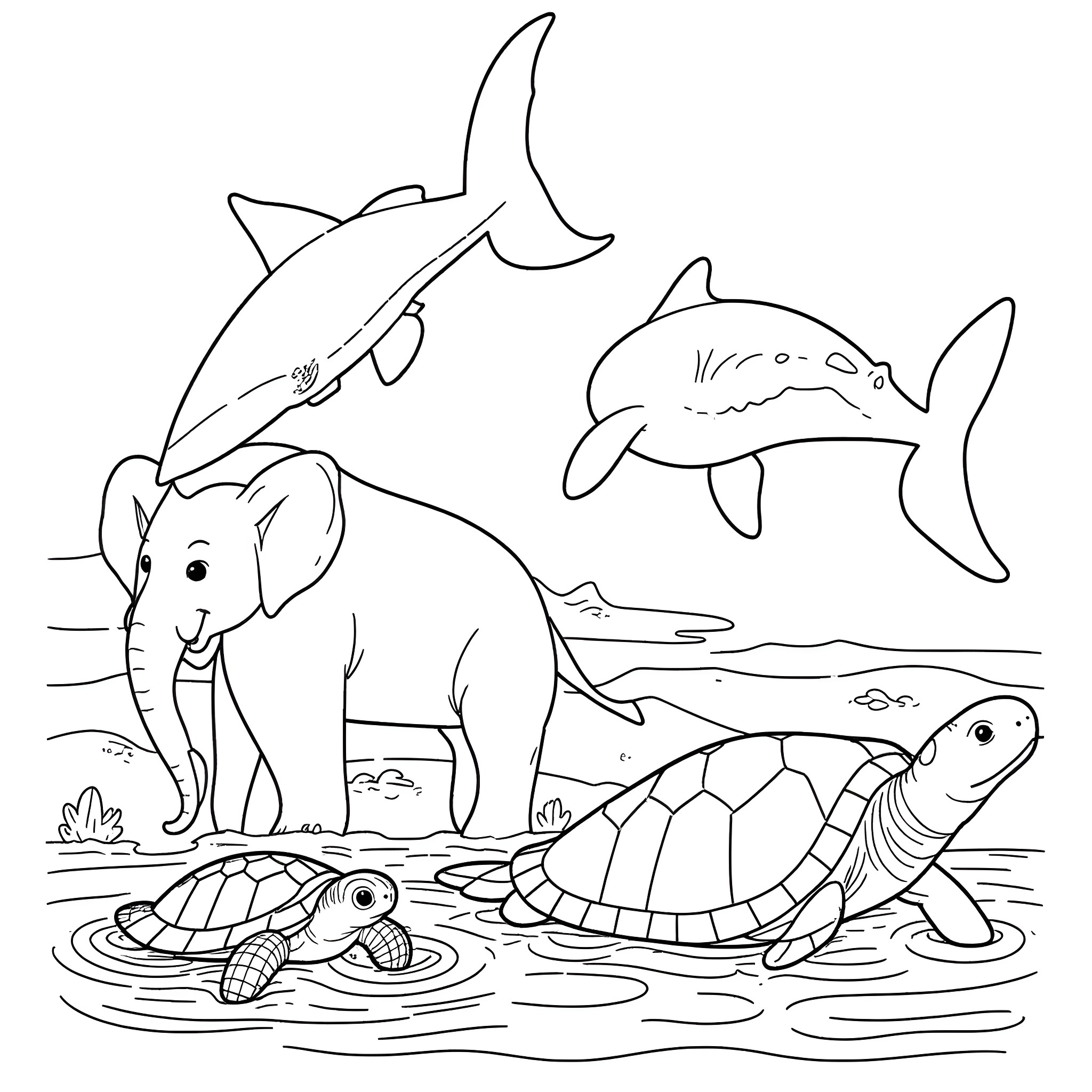 Shark swimming with elephant and turtles in a pond Coloring Page (free black-and-white line drawing printable PDF for all, from beginners to advanced learners, including children, teens, adults, and seniors)