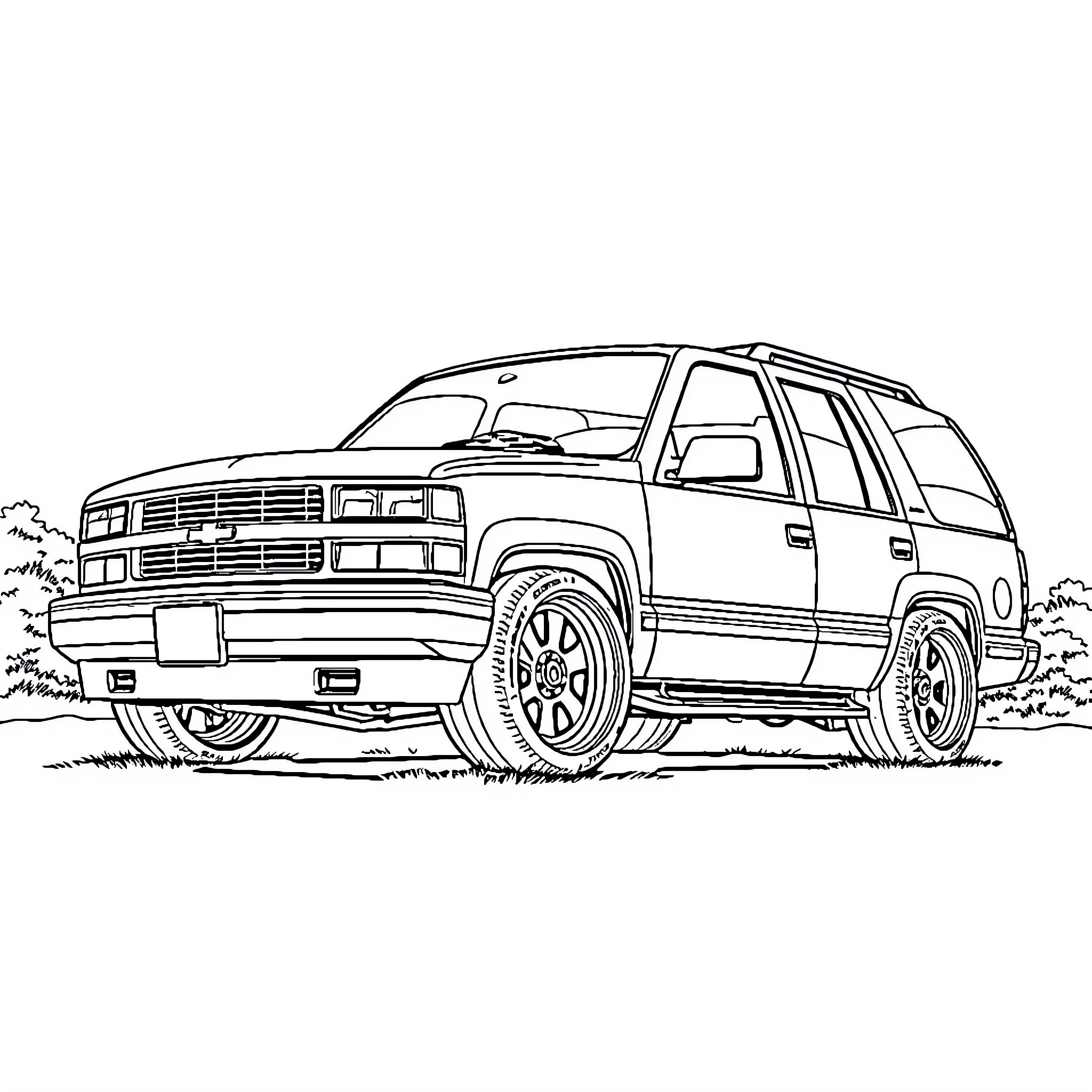 Tahoe SUV on the trail Coloring Page (free black-and-white line drawing printable PDF for all, from beginners to advanced learners, including children, teens, adults, and seniors)