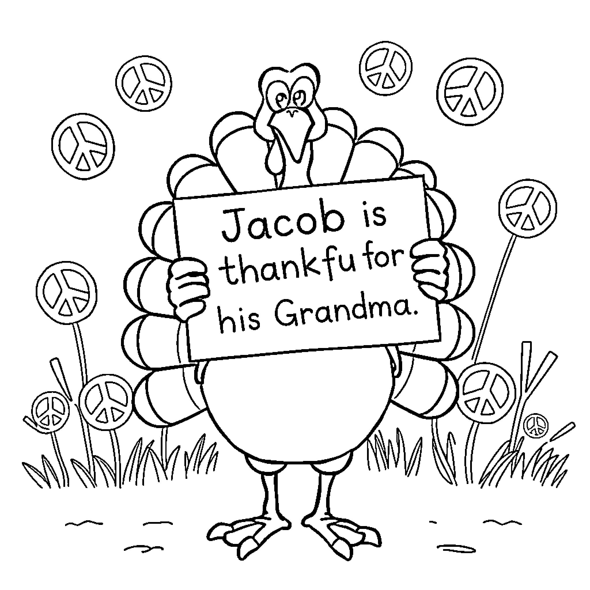 Turkey expressing gratitude for his Grandma Coloring Page (free black-and-white line drawing printable PDF for all, from beginners to advanced learners, including children, teens, adults, and seniors)