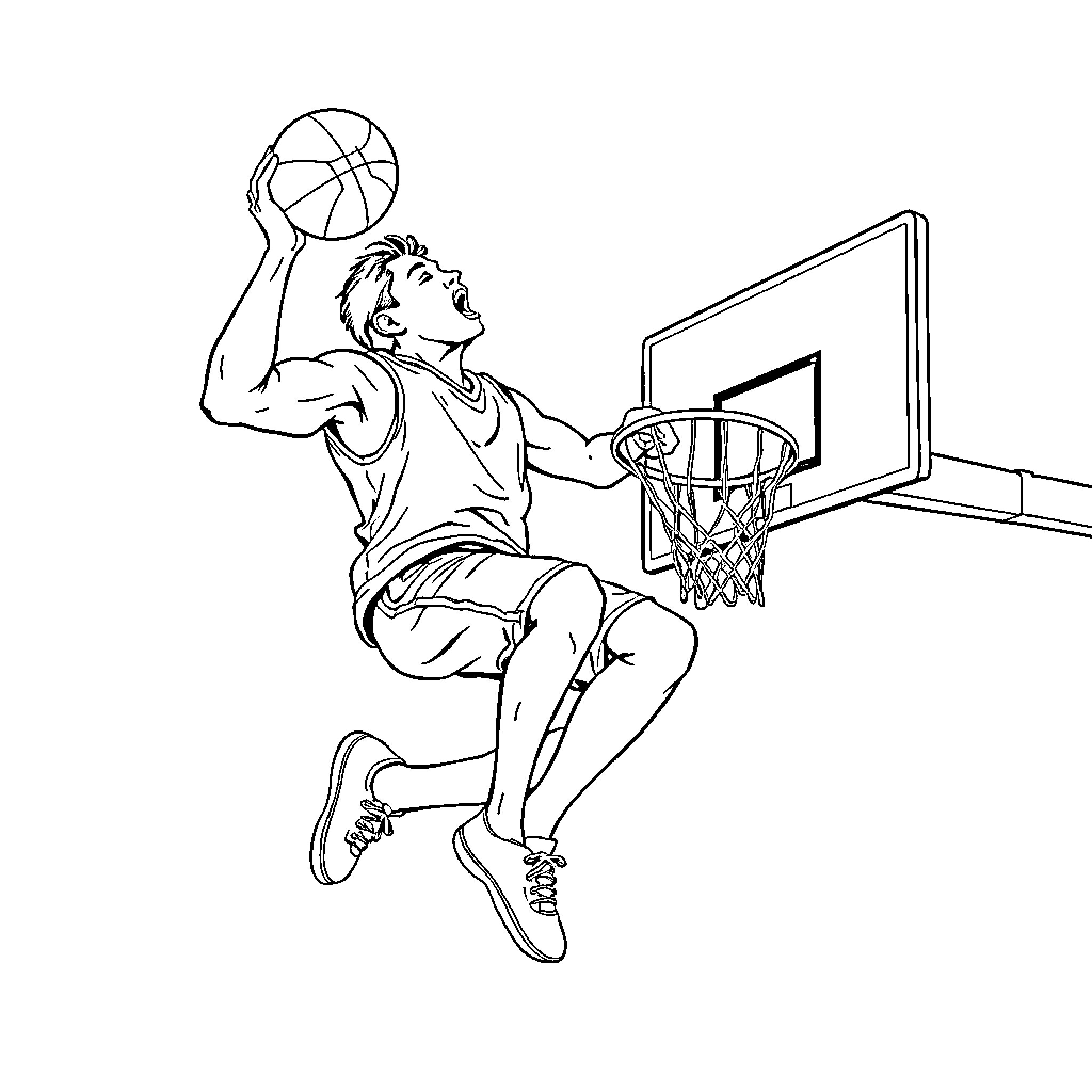 Guy playing basketball and dunking the ball Coloring Page (free black-and-white line drawing printable PDF for all, from beginners to advanced learners, including children, teens, adults, and seniors)