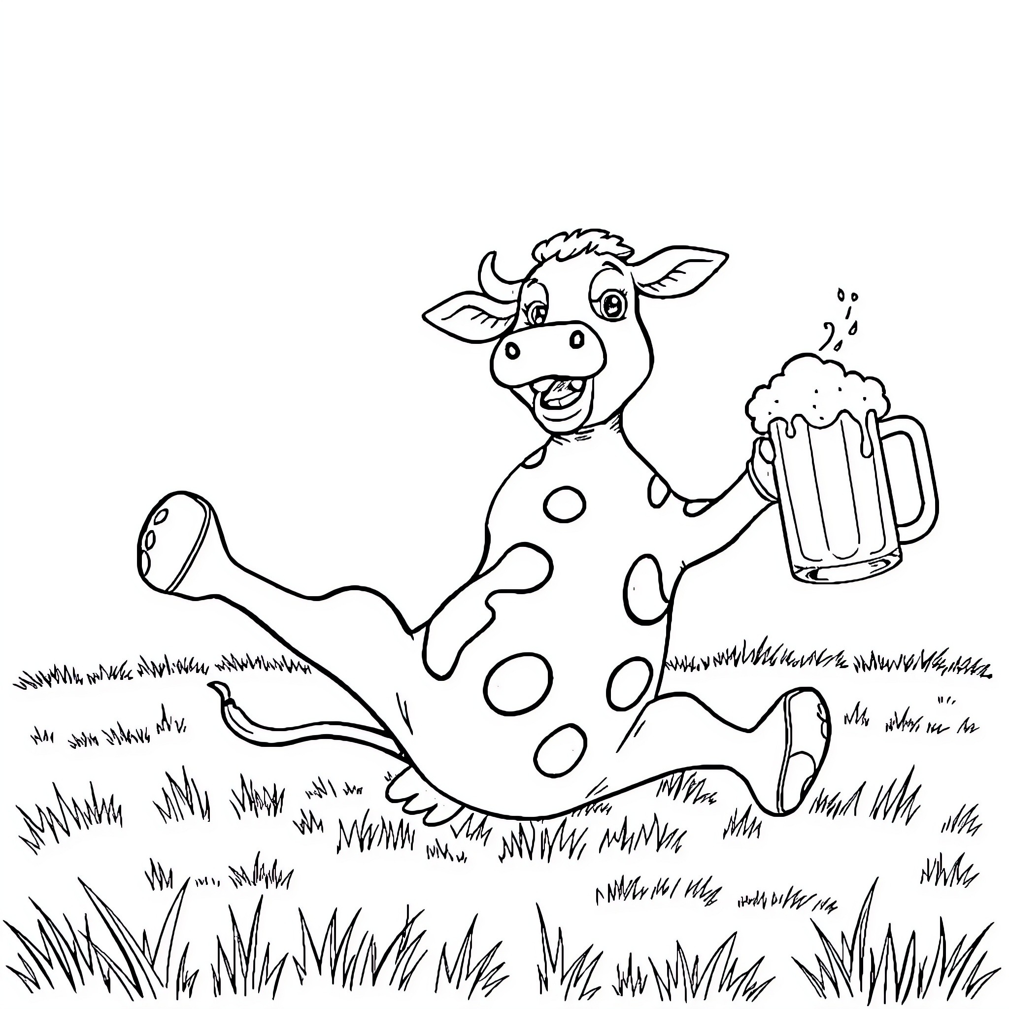 Cow enjoying a refreshing beer in the field Coloring Page (free black-and-white line drawing printable PDF for all, from beginners to advanced learners, including children, teens, adults, and seniors)