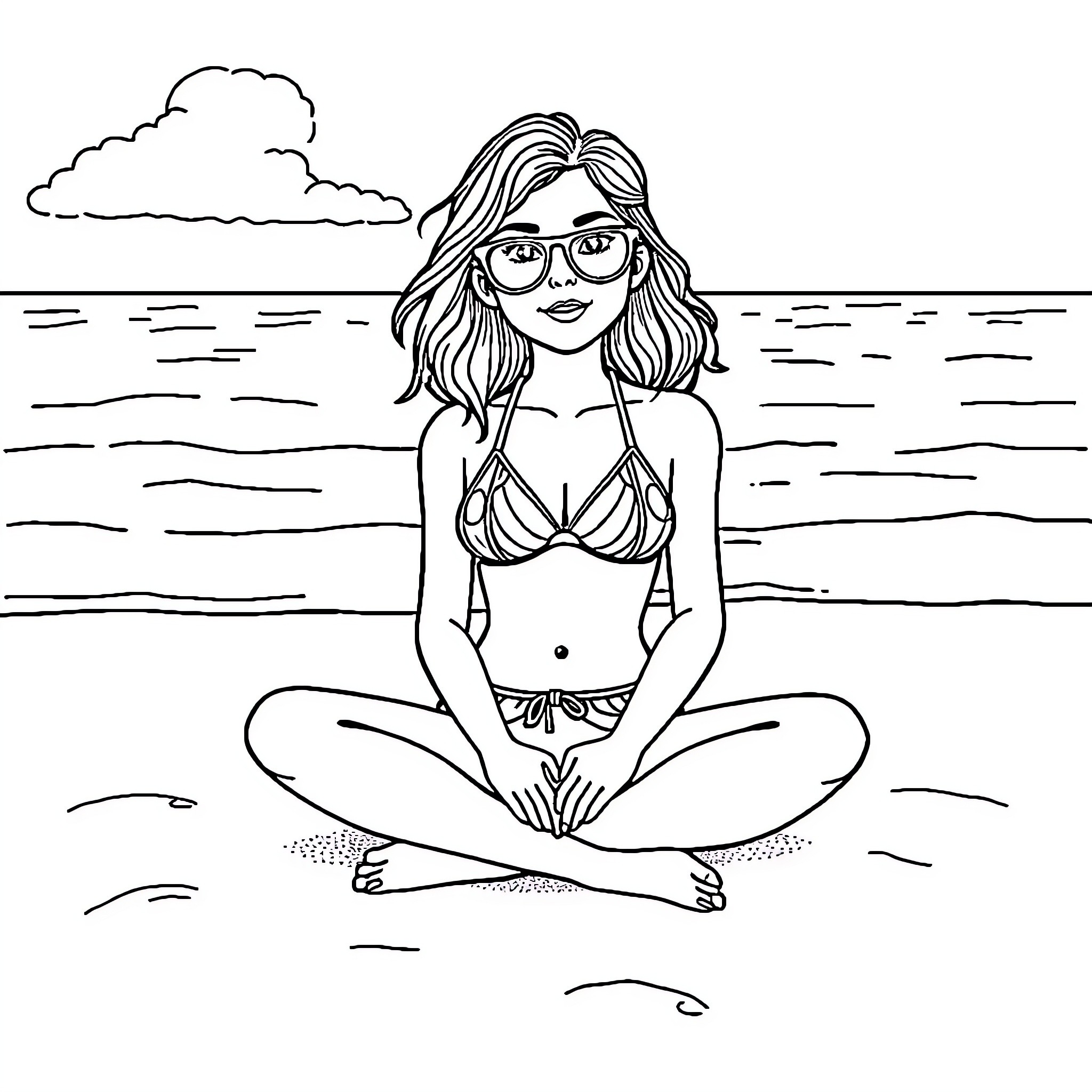 Girl relaxing on the beach in a bikini Coloring Page (free black-and-white line drawing printable PDF for all, from beginners to advanced learners, including children, teens, adults, and seniors)