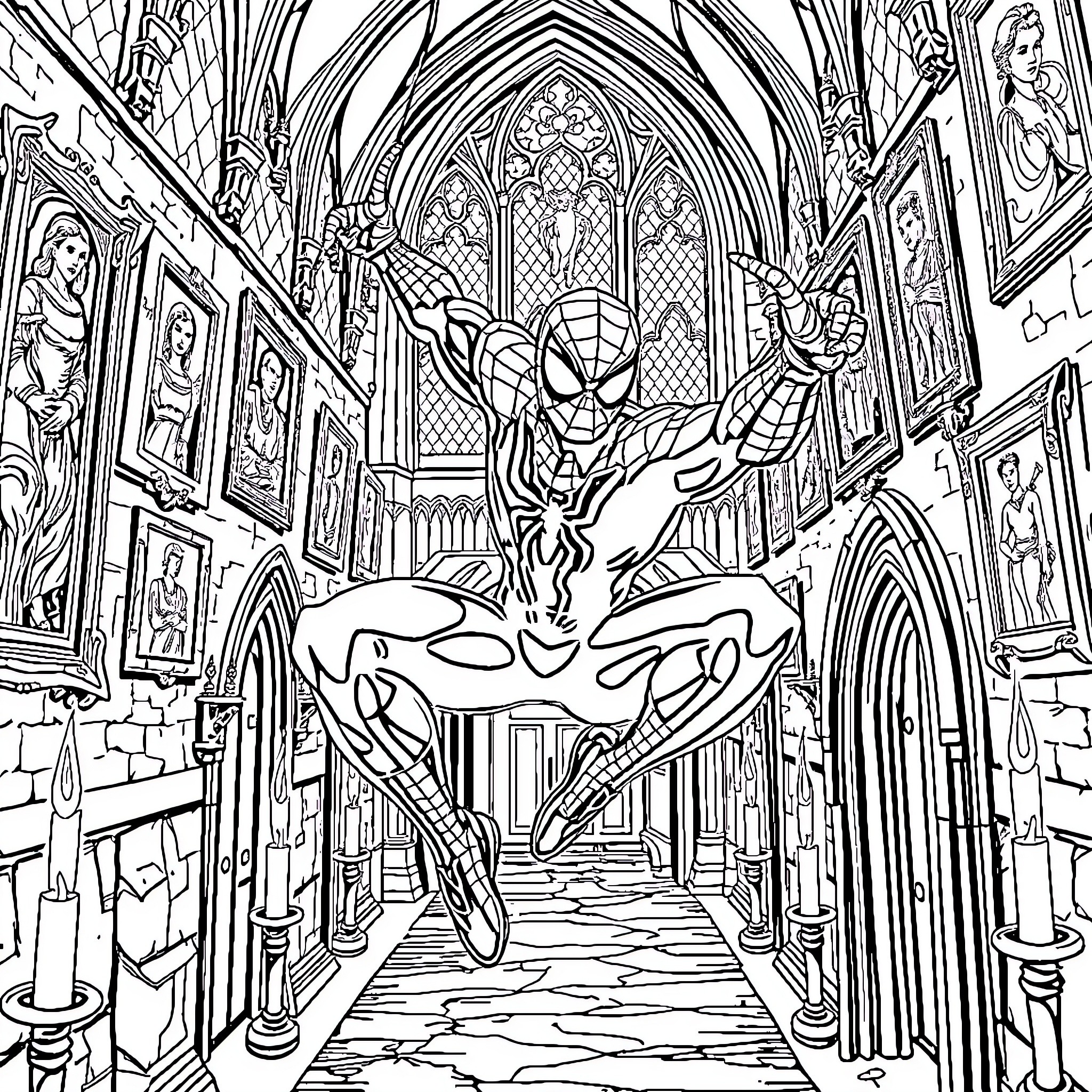 Spiderman swinging through a majestic cathedral Coloring Page (free black-and-white line drawing printable PDF for all, from beginners to advanced learners, including children, teens, adults, and seniors)