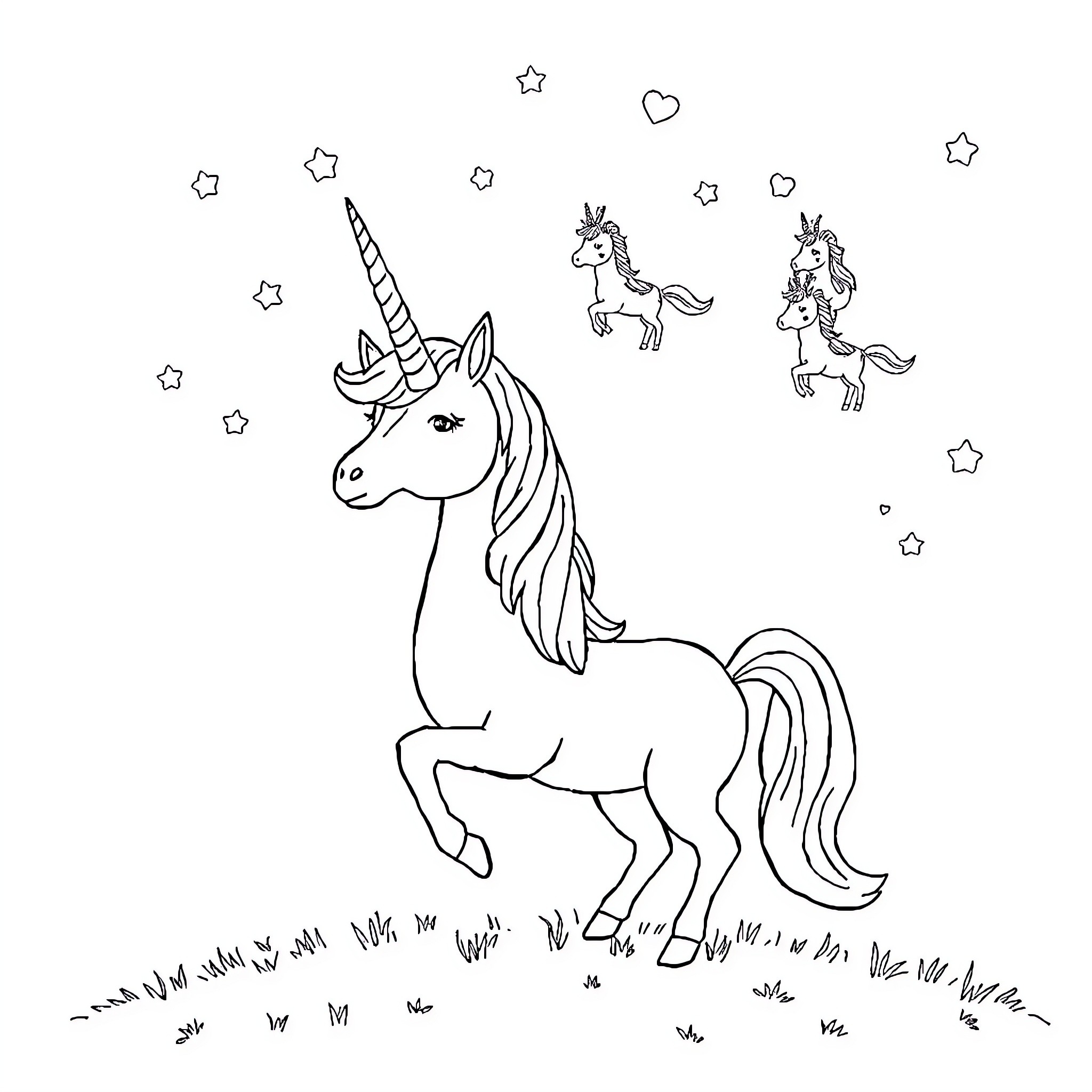 Unicorn dancing under the starry night sky Coloring Page (free black-and-white line drawing printable PDF for all, from beginners to advanced learners, including children, teens, adults, and seniors)
