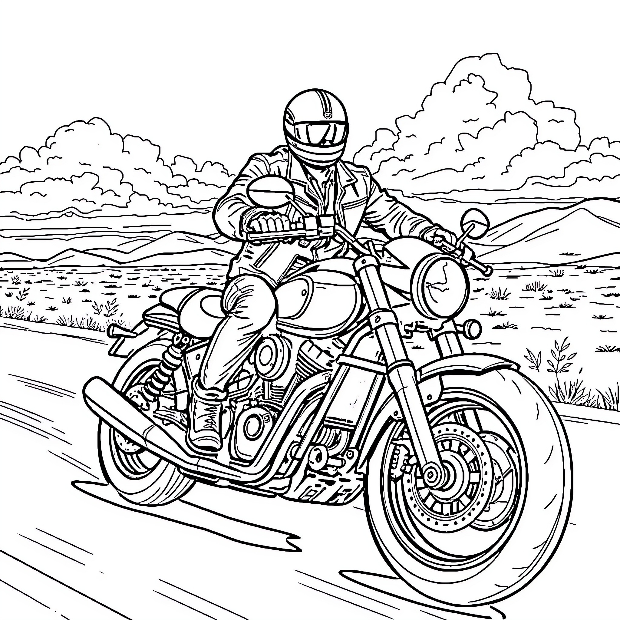 Biker riding motorcycle through desert landscape Coloring Page (free black-and-white line drawing printable PDF for all, from beginners to advanced learners, including children, teens, adults, and seniors)