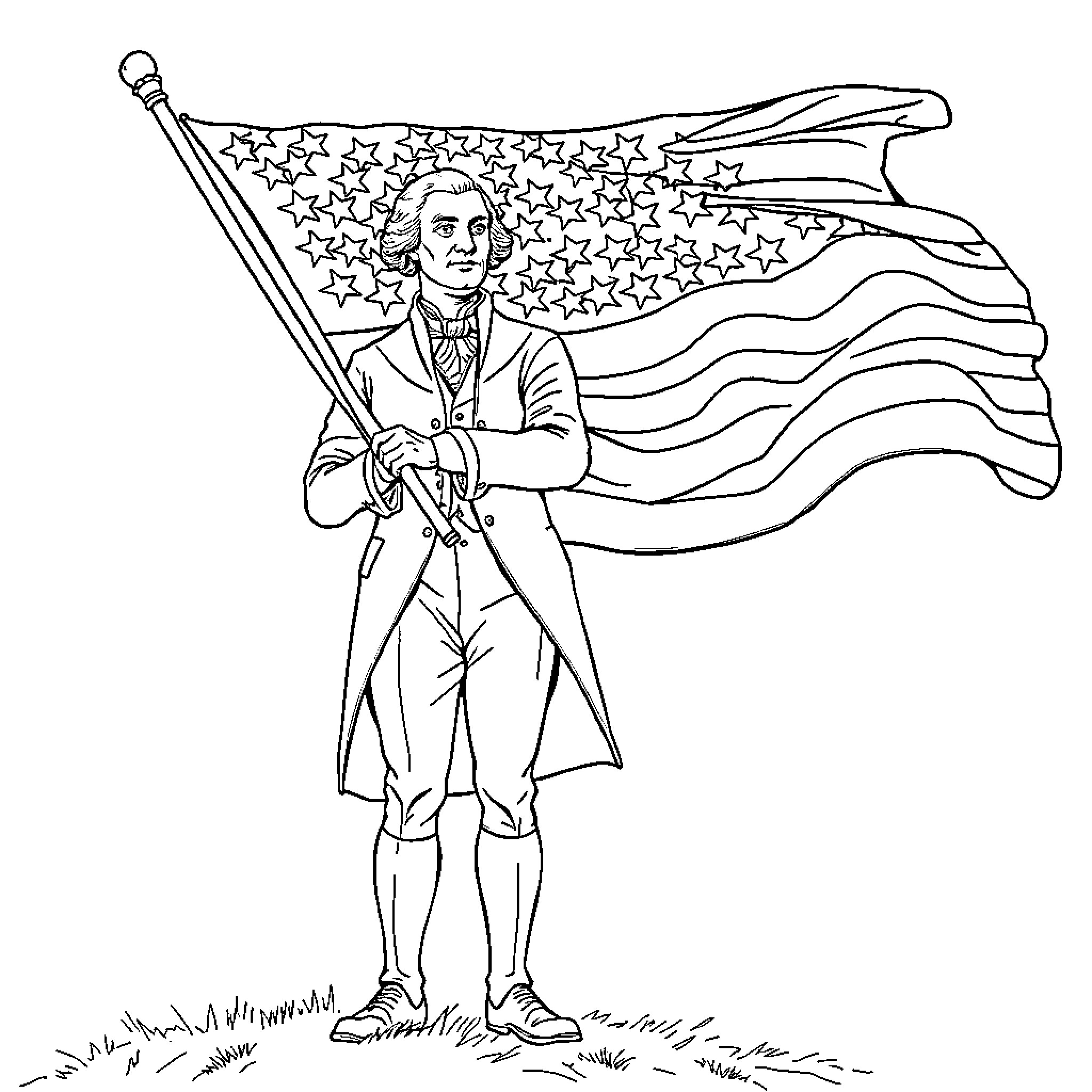 George Washington waving American flag with pride Coloring Page (free black-and-white line drawing printable PDF for all, from beginners to advanced learners, including children, teens, adults, and seniors)