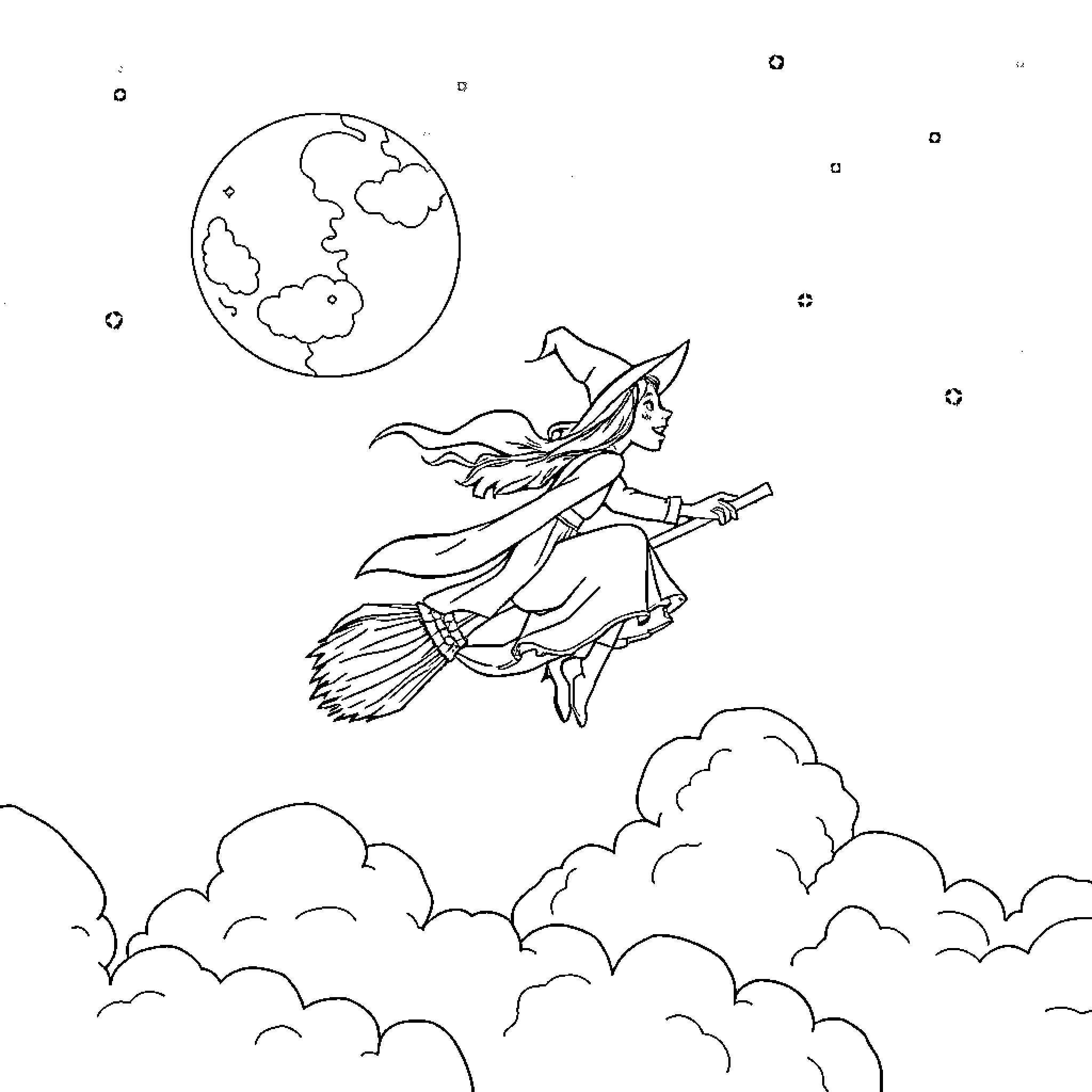 Witch soaring through the night sky Coloring Page (free black-and-white line drawing printable PDF for all, from beginners to advanced learners, including children, teens, adults, and seniors)
