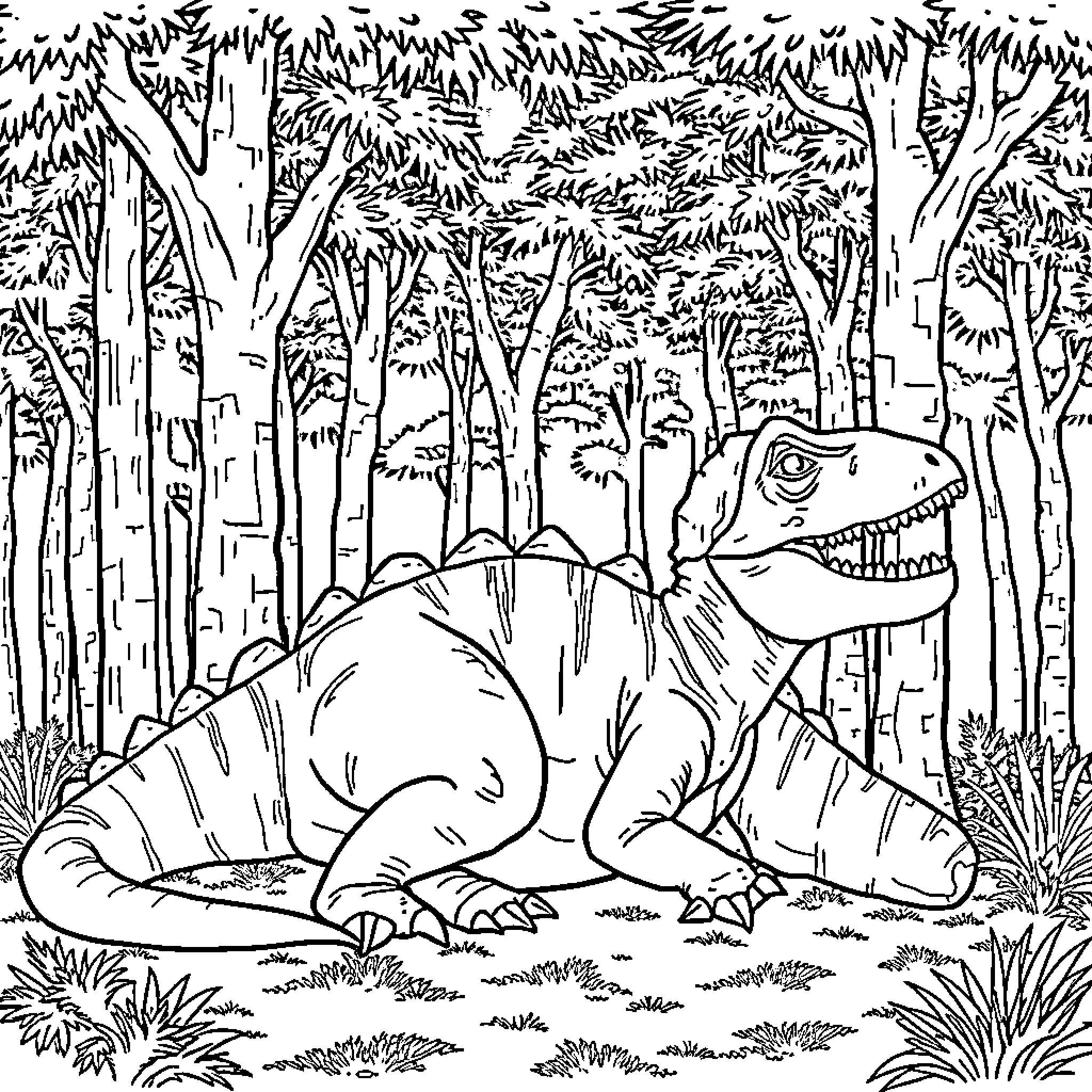 Tyrannosaurus Rex Roaring in the Jungle Landscape Coloring Page (free black-and-white line drawing printable PDF for all, from beginners to advanced learners, including children, teens, adults, and seniors)