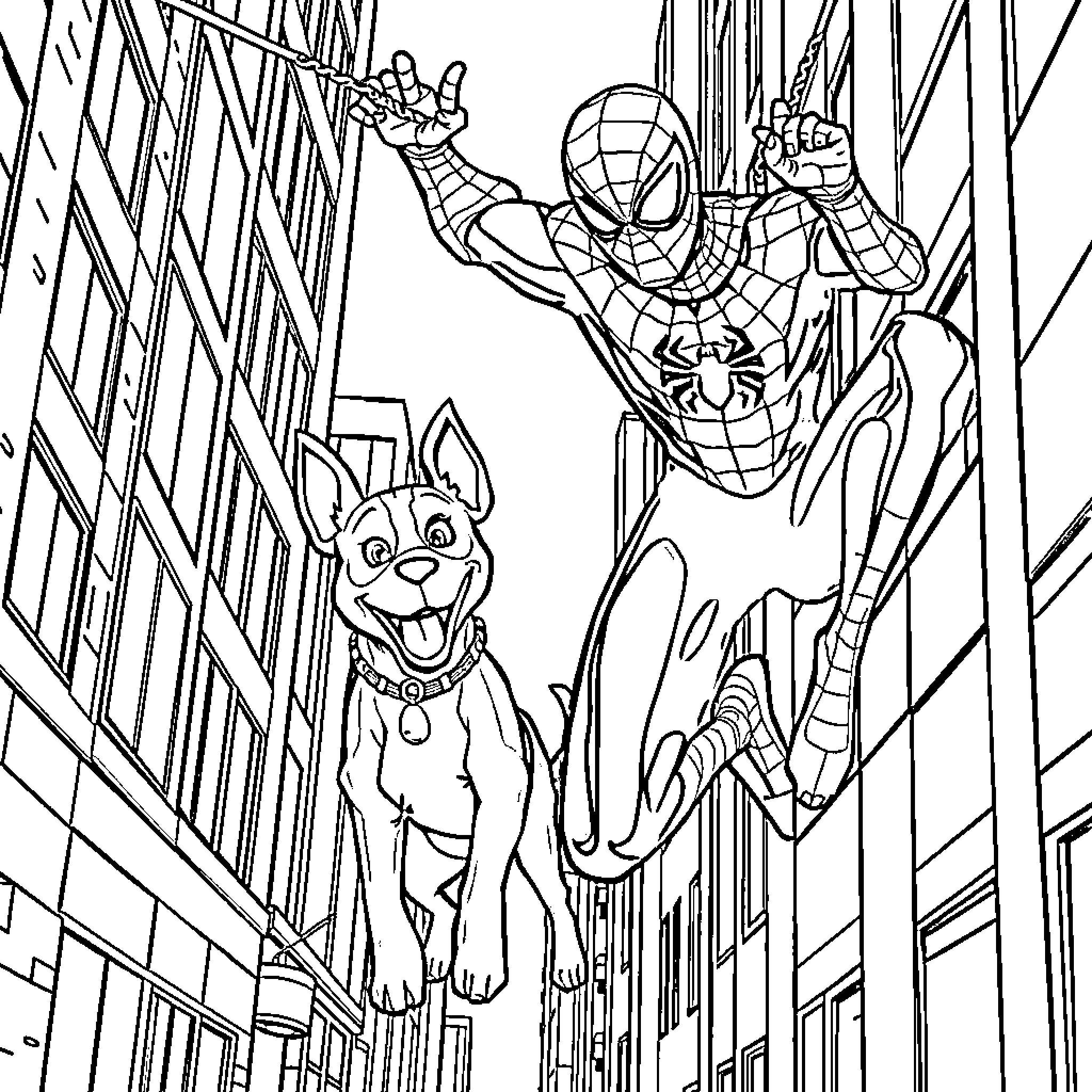 Spider-Man swinging through the city with a dog companion Coloring Page (free black-and-white line drawing printable PDF for all, from beginners to advanced learners, including children, teens, adults, and seniors)