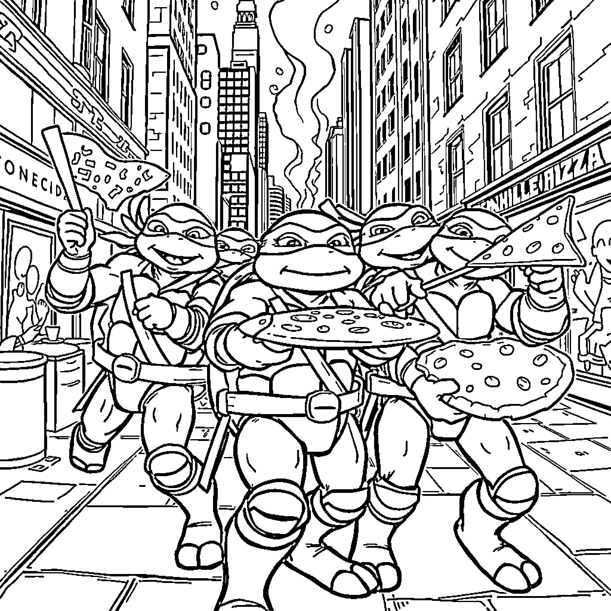 Ninja Turtle characters in a busy city scene Coloring Page (free black-and-white line drawing printable PDF for all, from beginners to advanced learners, including children, teens, adults, and seniors)