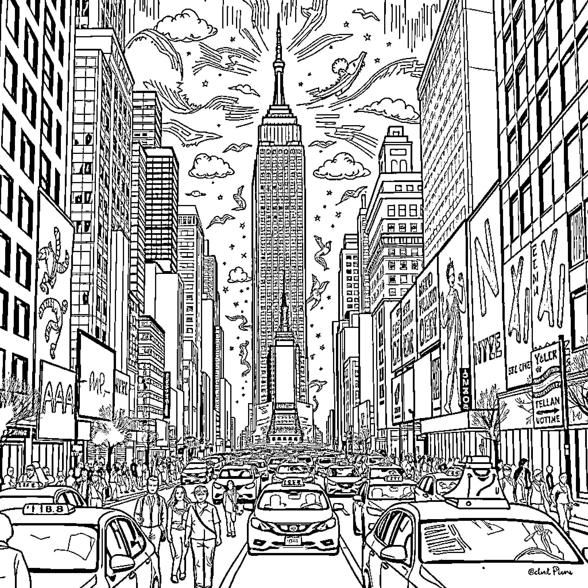 New York City Bustling Scene of Skyscrapers and Crowds Coloring Page (free black-and-white line drawing printable PDF for all, from beginners to advanced learners, including children, teens, adults, and seniors)