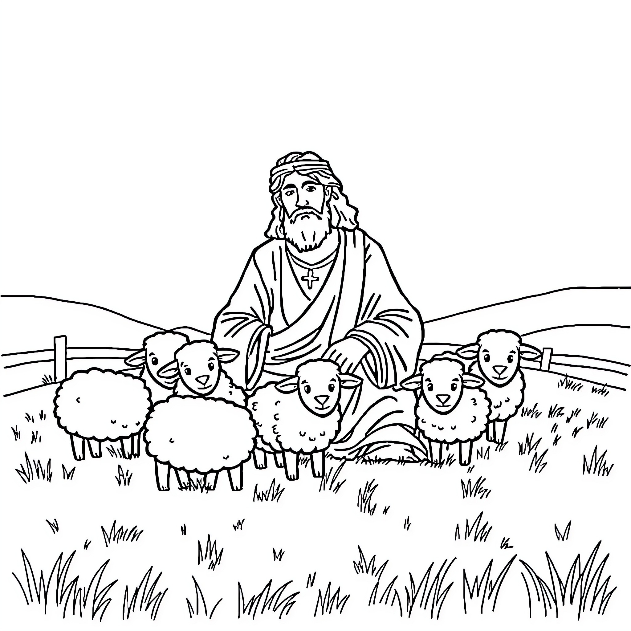 Jesus tending to his flock of sheep in the field Coloring Page (free black-and-white line drawing printable PDF for all, from beginners to advanced learners, including children, teens, adults, and seniors)