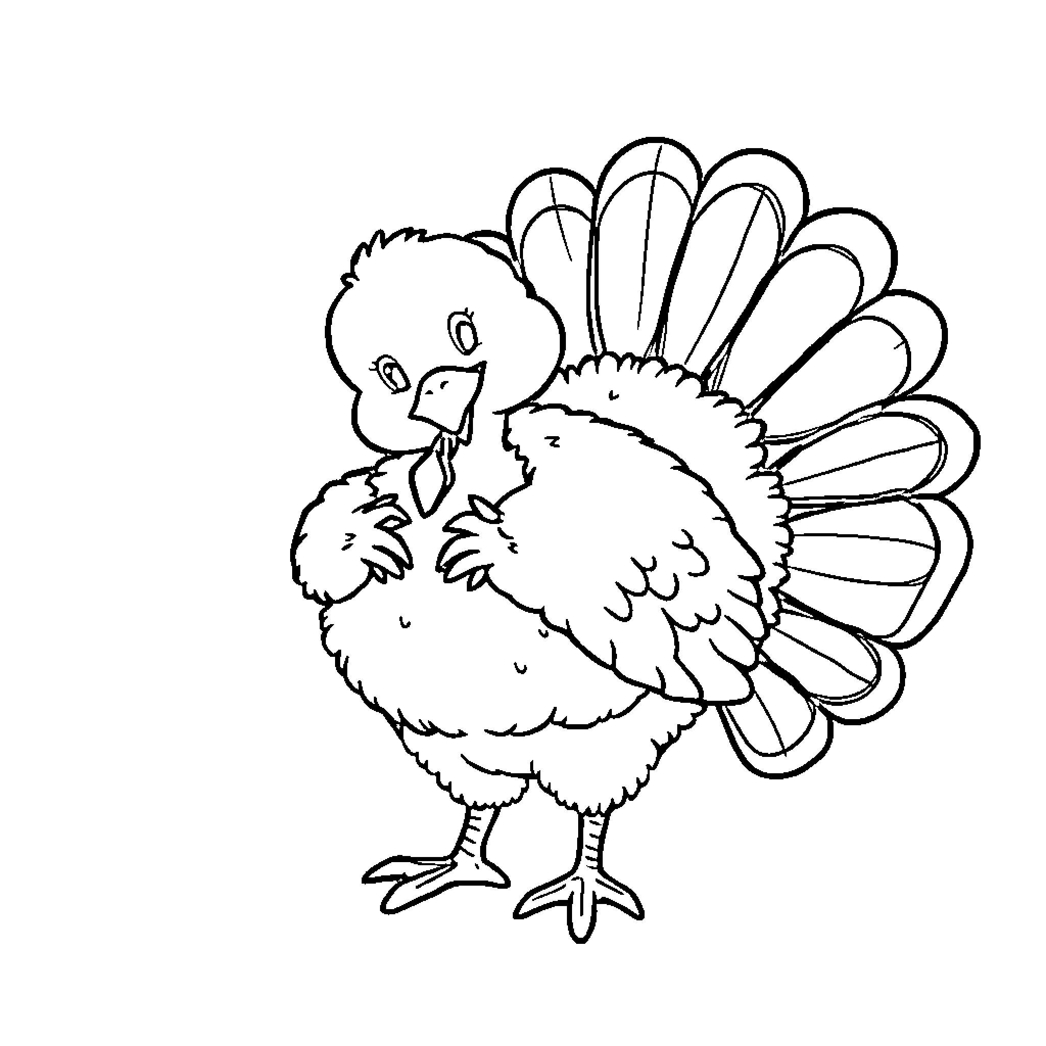 Turkey chick with feathers in cartoon style Coloring Page (free black-and-white line drawing printable PDF for all, from beginners to advanced learners, including children, teens, adults, and seniors)
