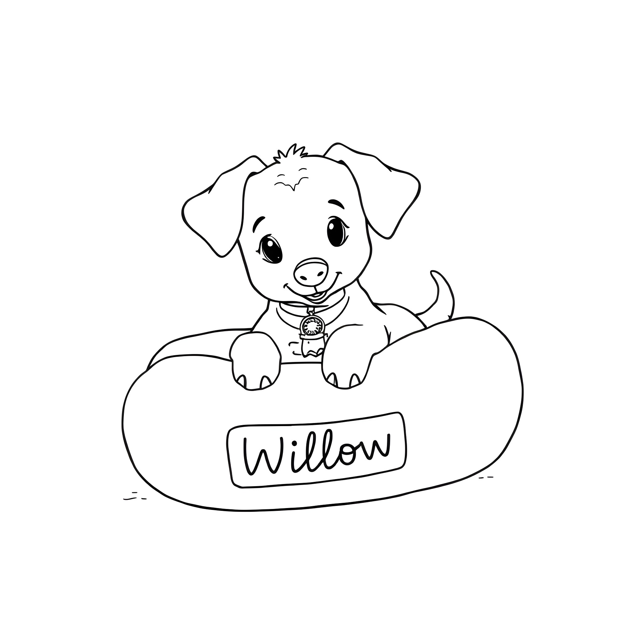 Sausage Dog Sitting Happily in a Bed Coloring Page (free black-and-white line drawing printable PDF for all, from beginners to advanced learners, including children, teens, adults, and seniors)
