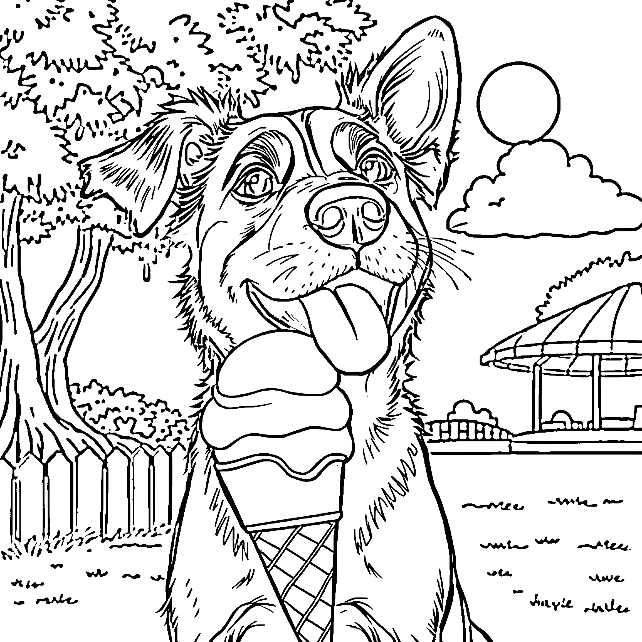 Dog enjoying an ice cream cone in the park Coloring Page (free black-and-white line drawing printable PDF for all, from beginners to advanced learners, including children, teens, adults, and seniors)