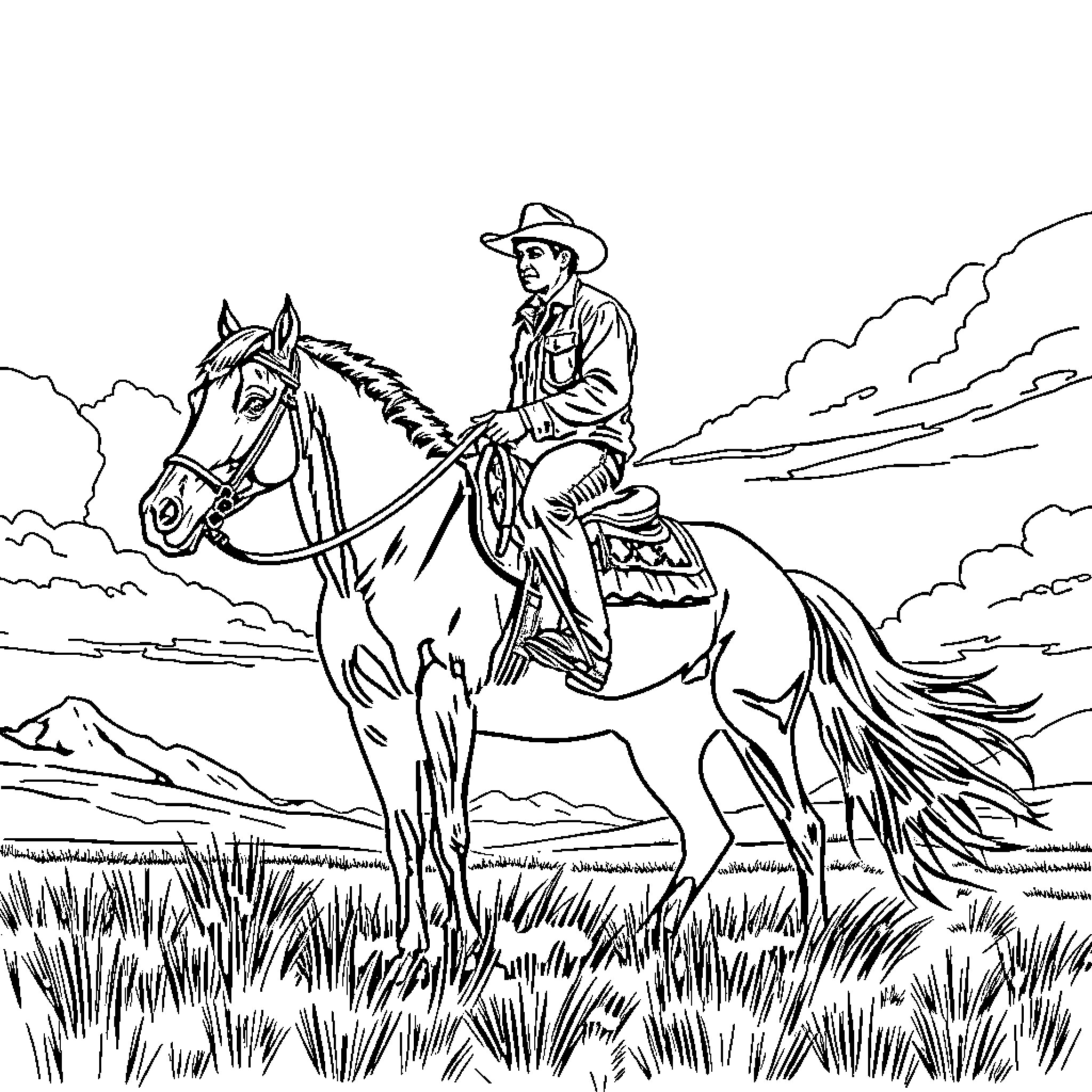 Cowboy riding horse across the prairie Coloring Page (free black-and-white line drawing printable PDF for all, from beginners to advanced learners, including children, teens, adults, and seniors)