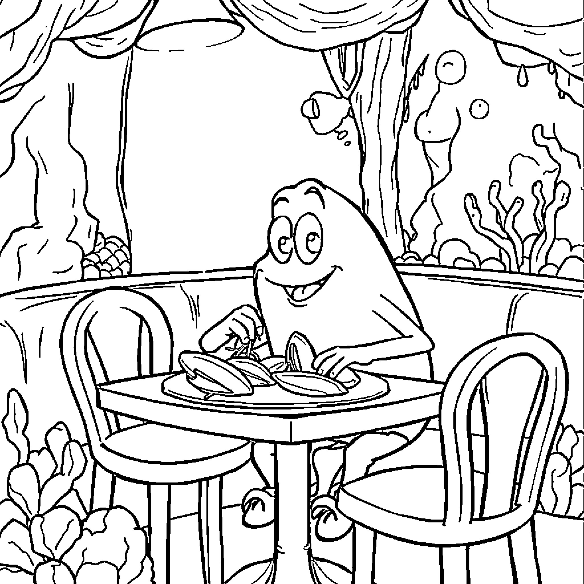 Spongebob dining at an outdoor restaurant Coloring Page (free black-and-white line drawing printable PDF for all, from beginners to advanced learners, including children, teens, adults, and seniors)