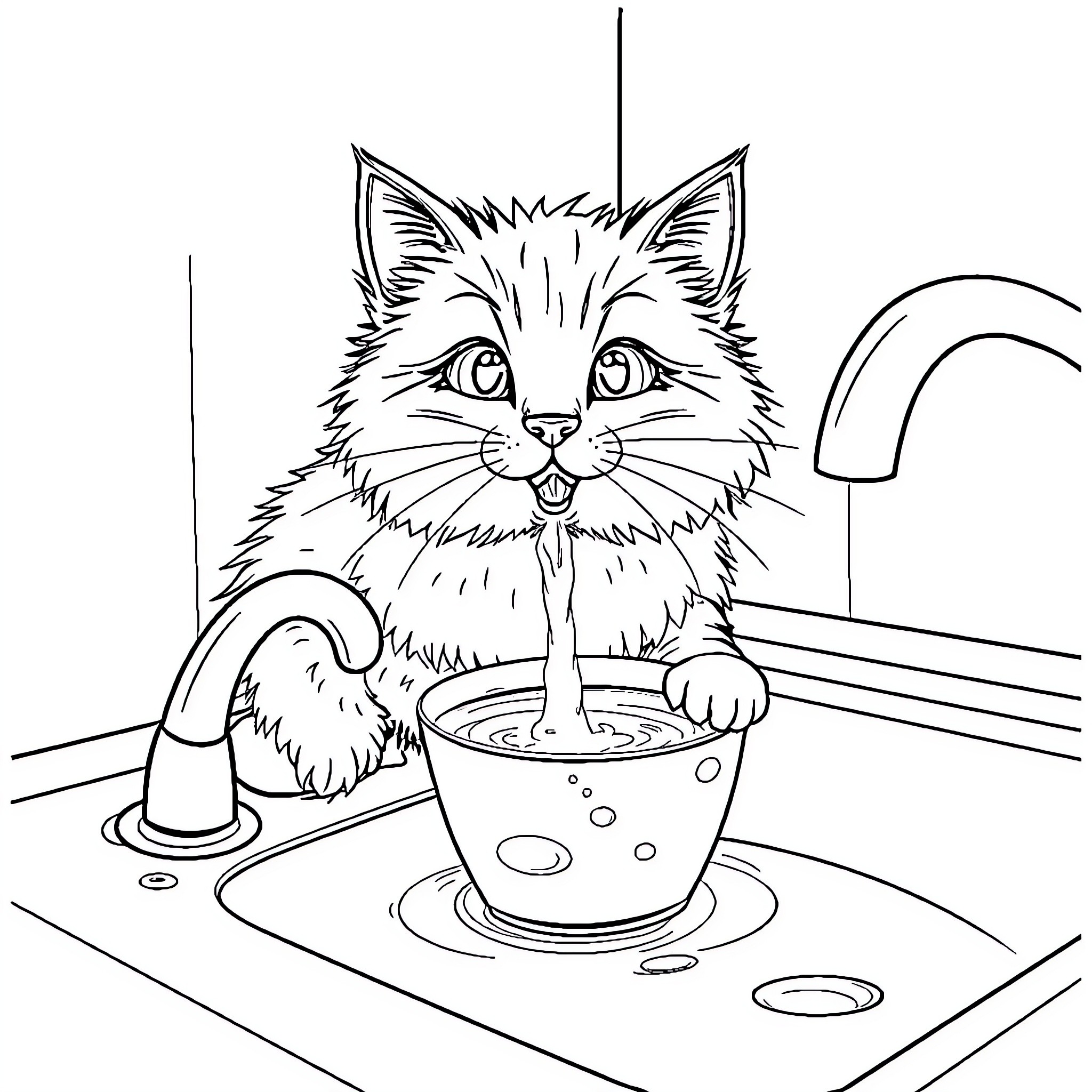 Cat playing in bathroom sink Coloring Page (free black-and-white line drawing printable PDF for all, from beginners to advanced learners, including children, teens, adults, and seniors)