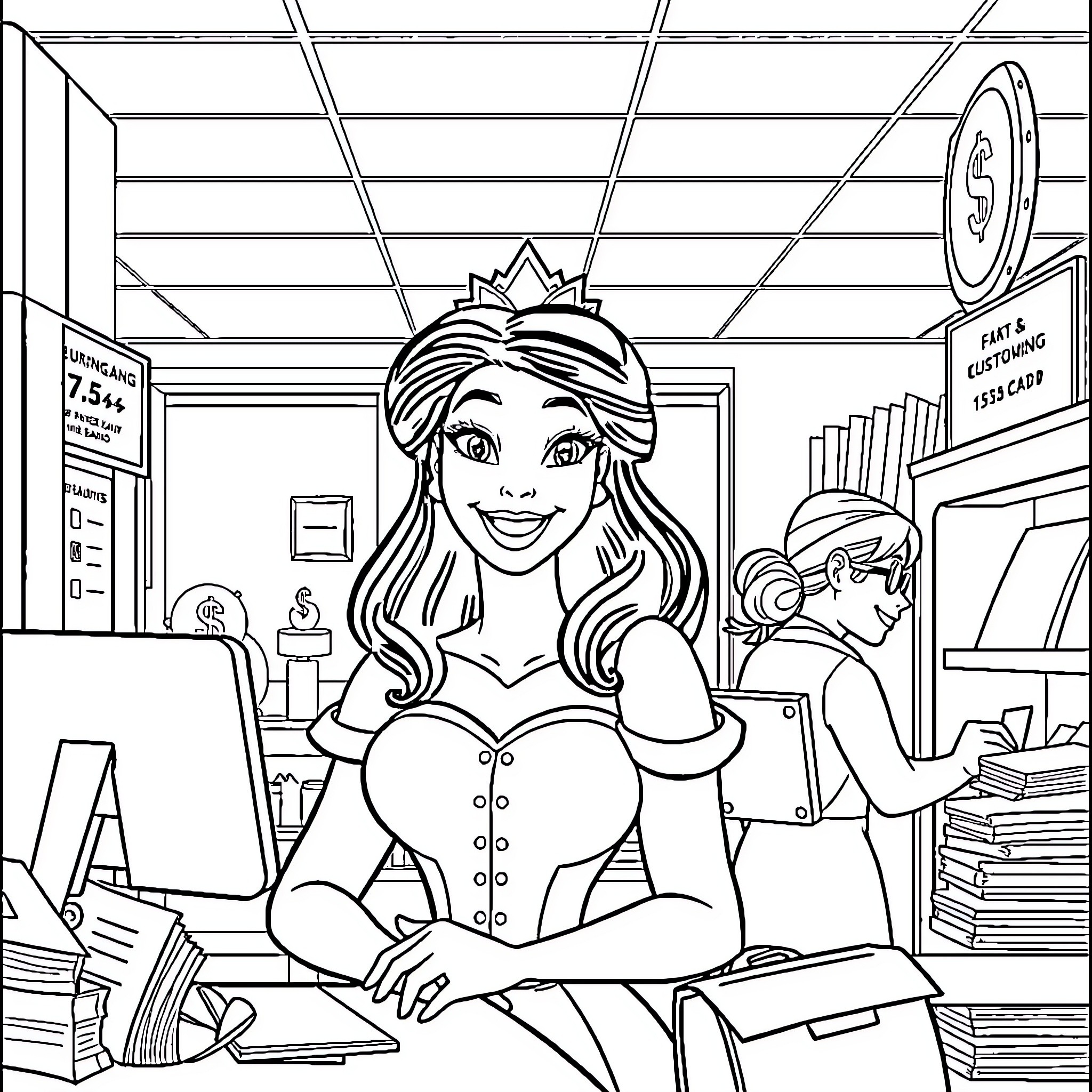 Disney Princess Smiling Happily at Work in Office Coloring Page (free black-and-white line drawing printable PDF for all, from beginners to advanced learners, including children, teens, adults, and seniors)