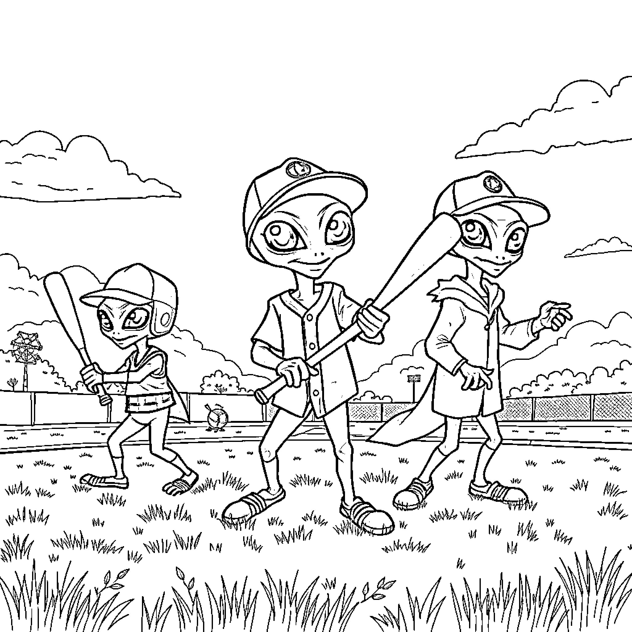 Alien baseball players warming up on the field Coloring Page (free black-and-white line drawing printable PDF for all, from beginners to advanced learners, including children, teens, adults, and seniors)