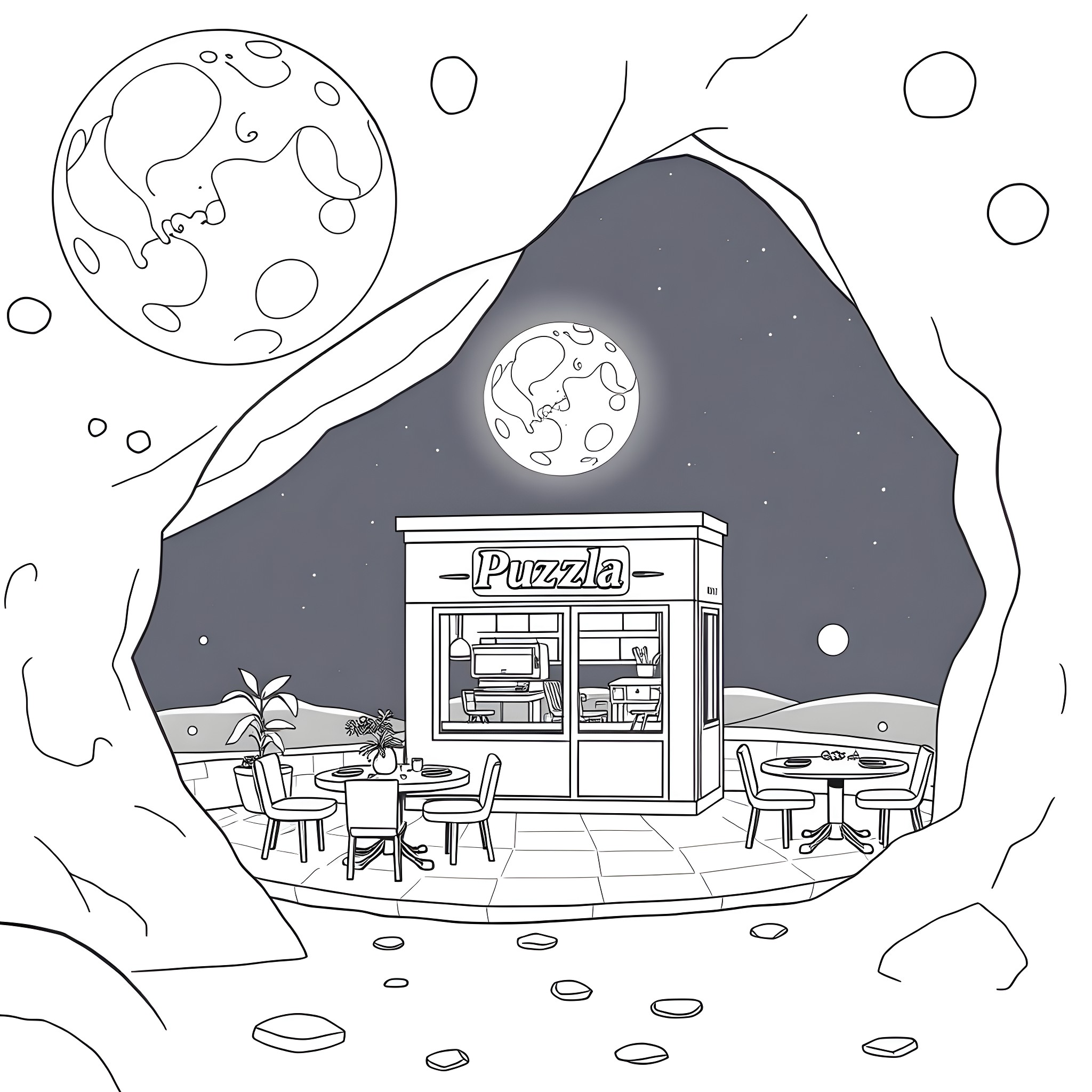 Pizza shop under the moonlight Coloring Page (free black-and-white line drawing printable PDF for all, from beginners to advanced learners, including children, teens, adults, and seniors)