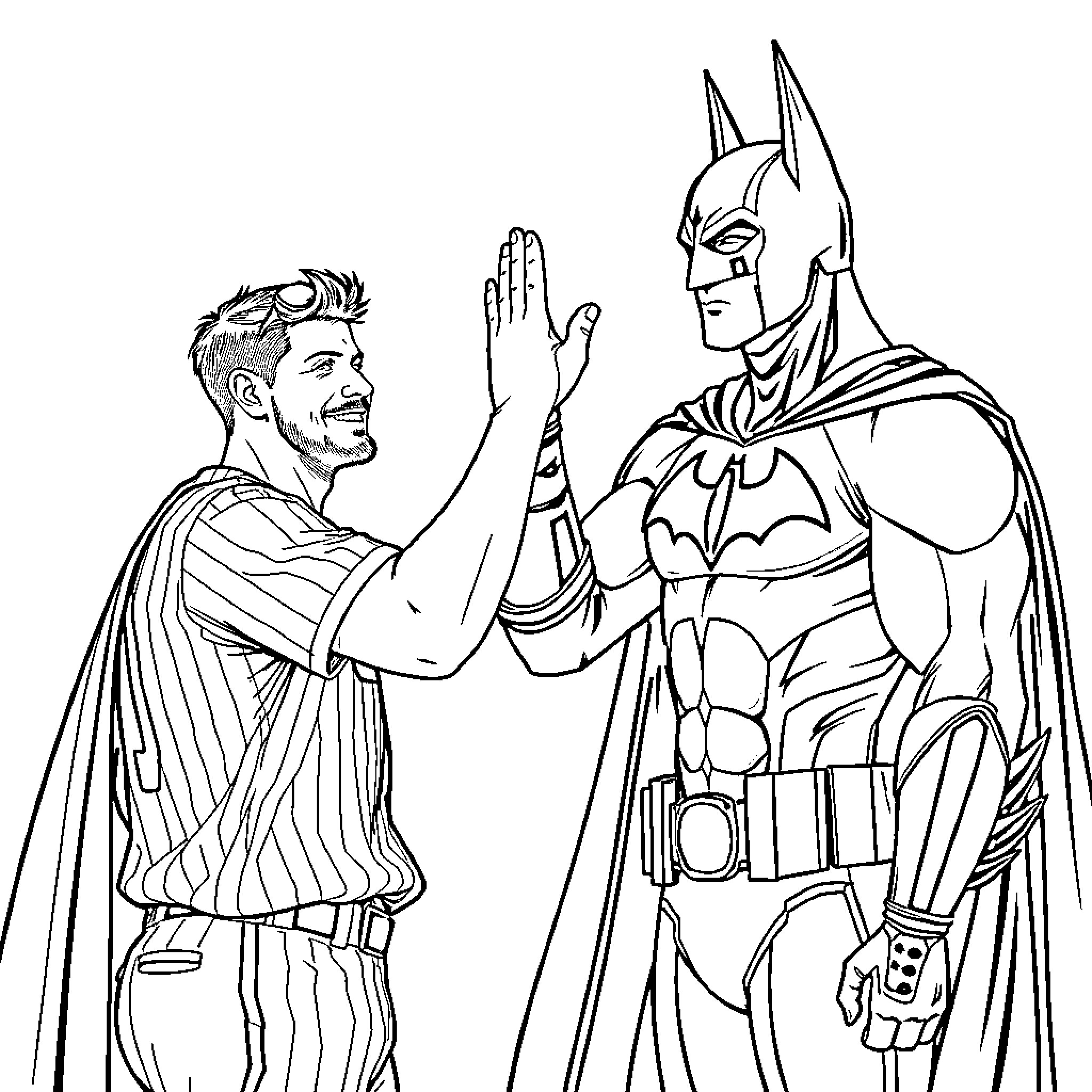 Kris Bryant shares high-five with Batman in heroic scene Coloring Page (free black-and-white line drawing printable PDF for all, from beginners to advanced learners, including children, teens, adults, and seniors)