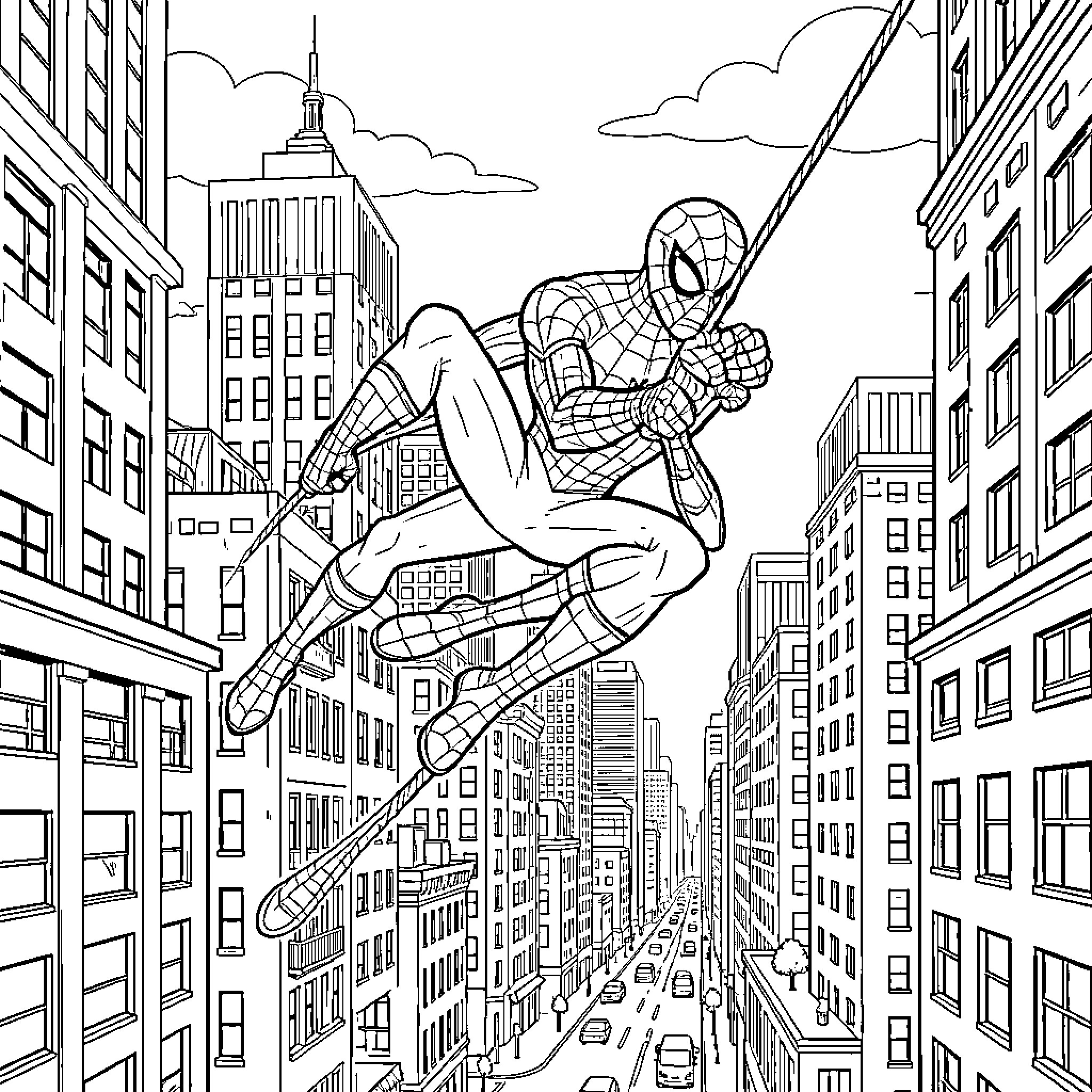 Spiderman swinging through a city of skyscrapers Coloring Page (free black-and-white line drawing printable PDF for all, from beginners to advanced learners, including children, teens, adults, and seniors)