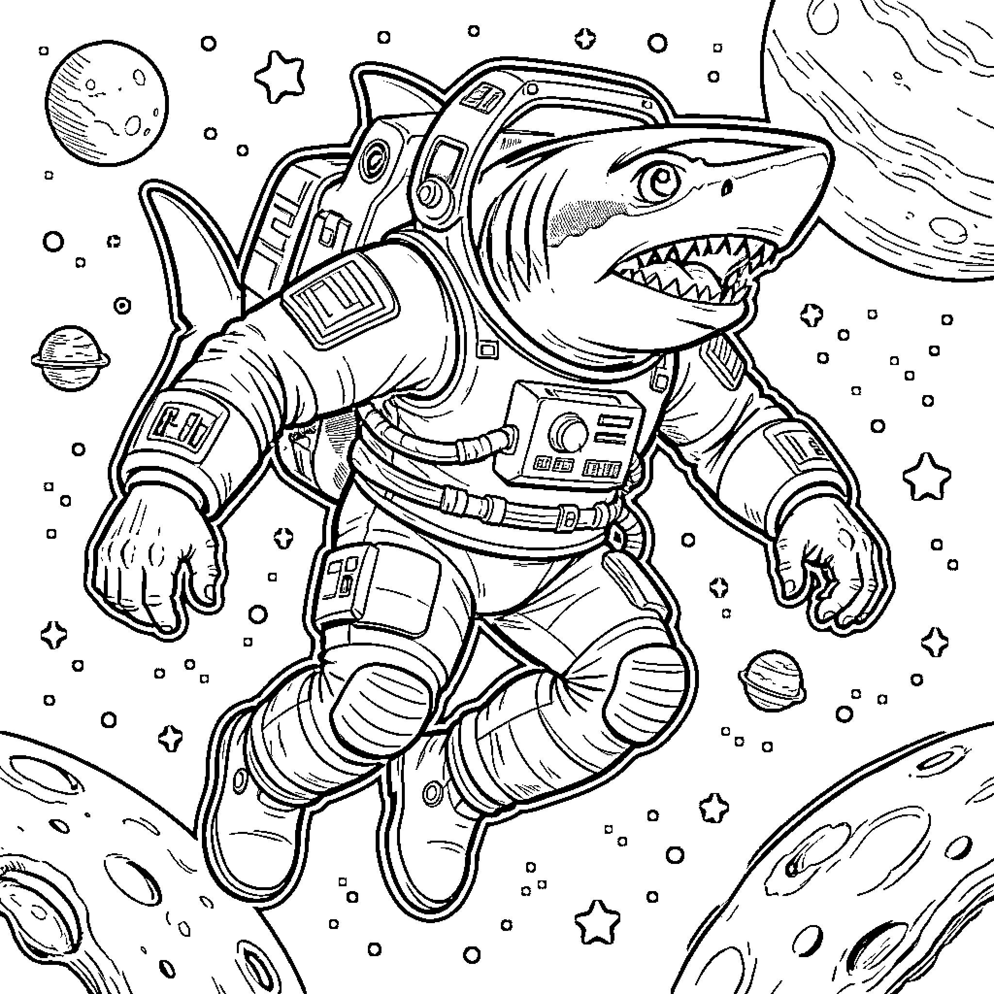 Shark astronaut exploring the cosmos Coloring Page (free black-and-white line drawing printable PDF for all, from beginners to advanced learners, including children, teens, adults, and seniors)