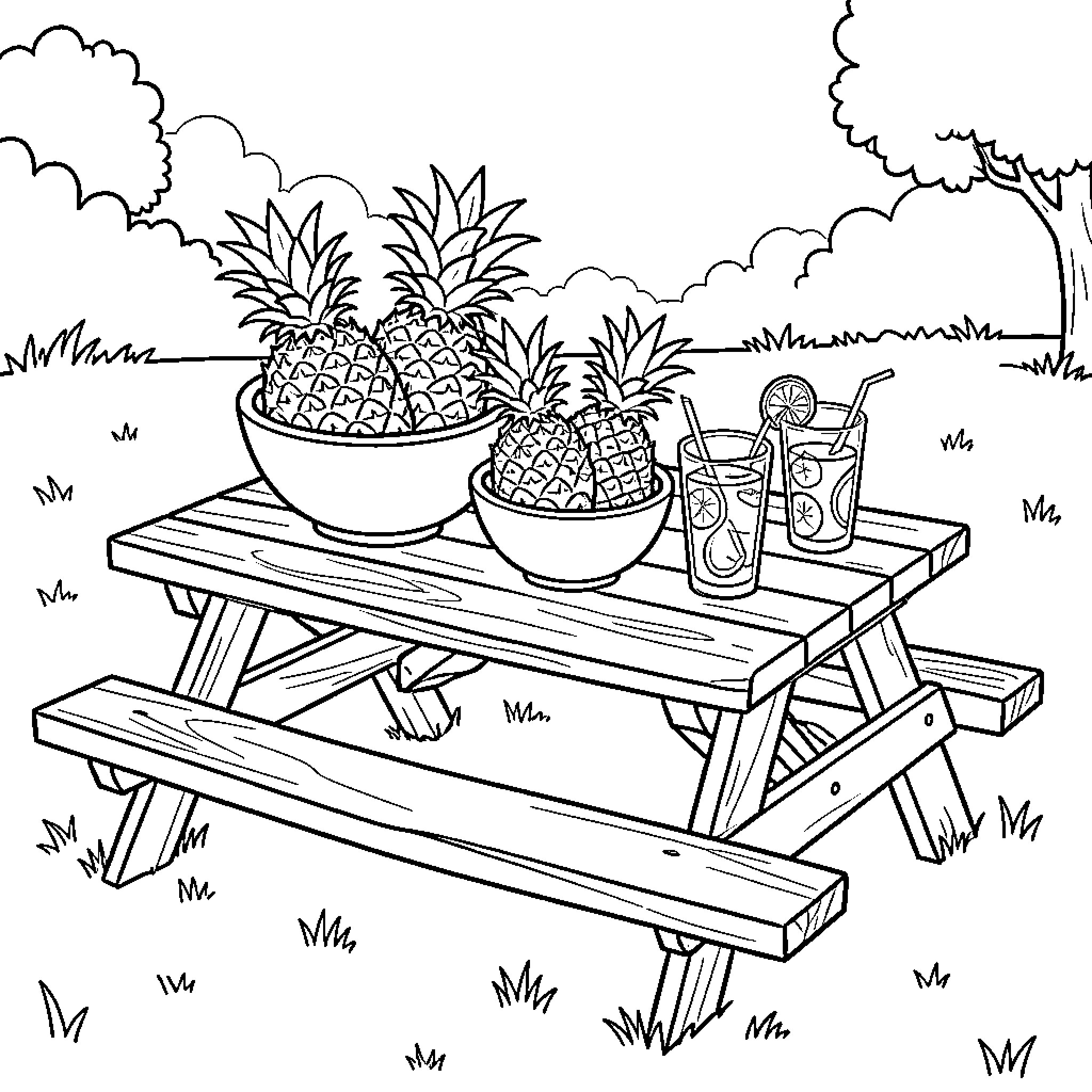 Picnic Table set with bowls of fruit and drinks Coloring Page (free black-and-white line drawing printable PDF for all, from beginners to advanced learners, including children, teens, adults, and seniors)