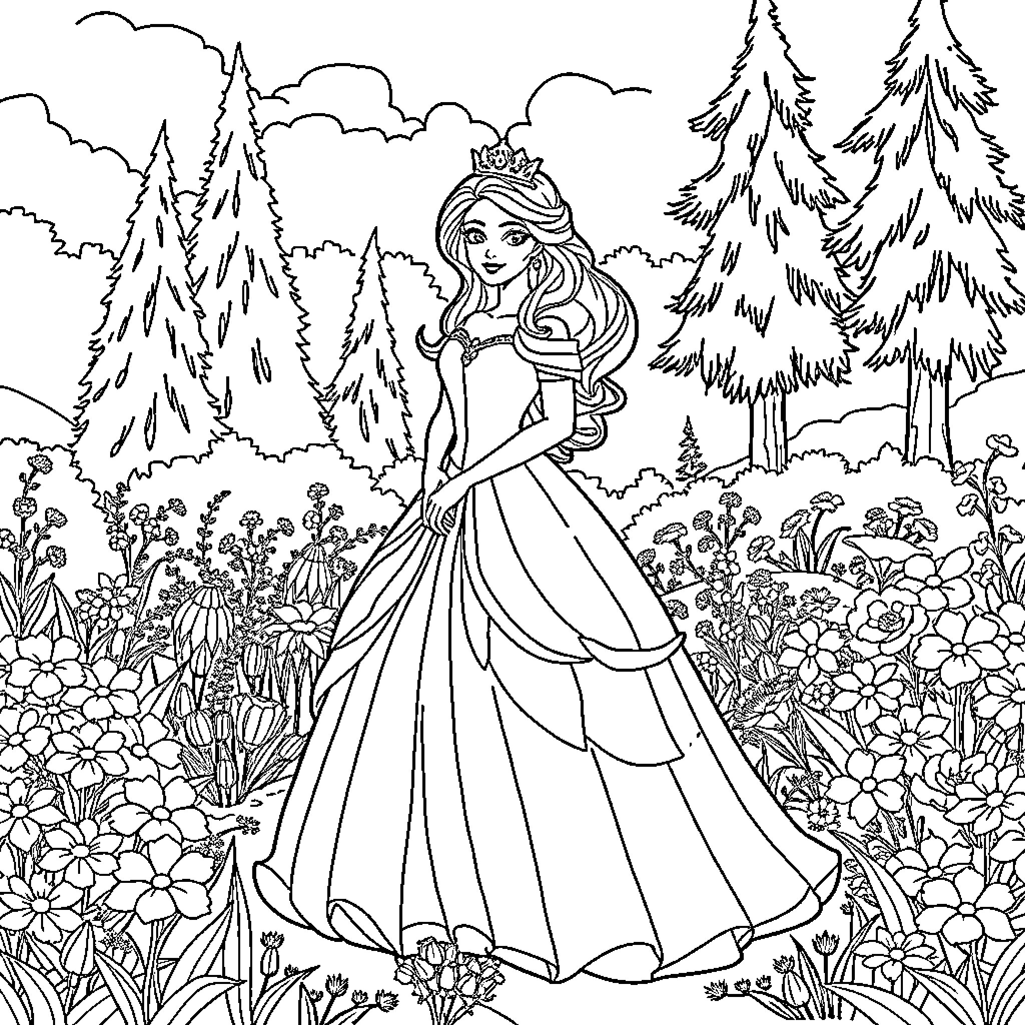 Princess in the Enchanted Forest Coloring Page (free black-and-white line drawing printable PDF for all, from beginners to advanced learners, including children, teens, adults, and seniors)