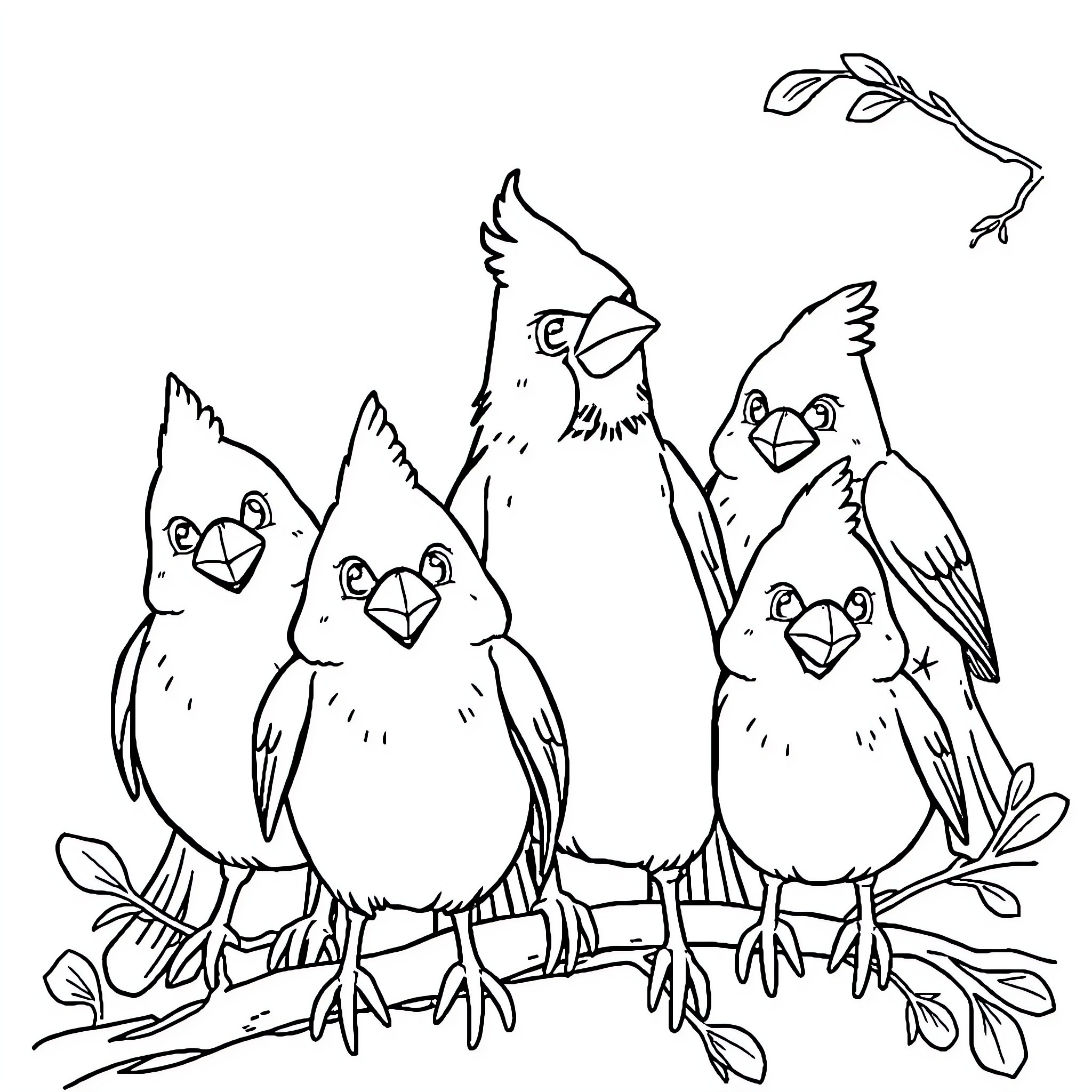 Cardinal Birds Perched on Branches Coloring Page (free black-and-white line drawing printable PDF for all, from beginners to advanced learners, including children, teens, adults, and seniors)