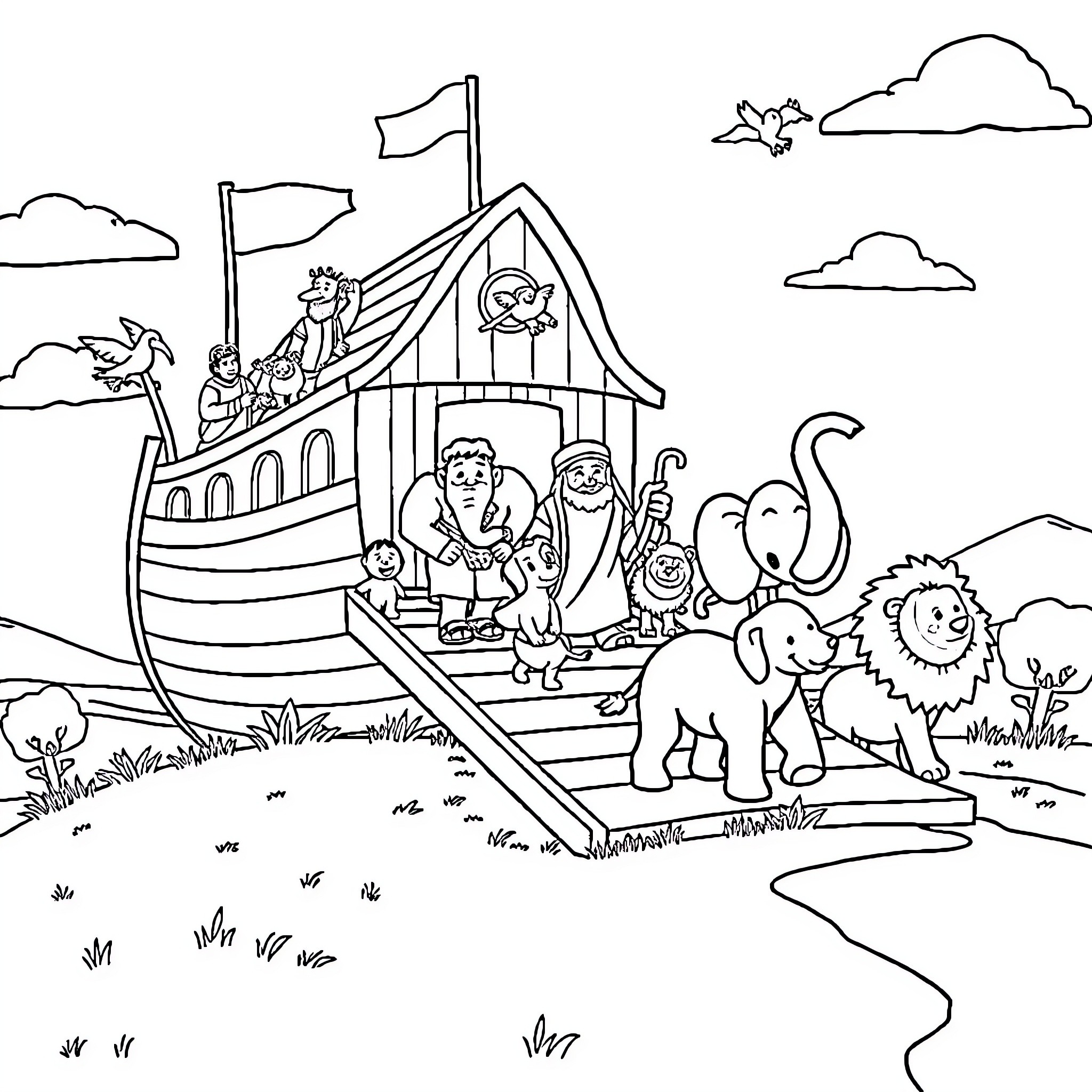 Noah's ark filled with animals and people Coloring Page (free black-and-white line drawing printable PDF for all, from beginners to advanced learners, including children, teens, adults, and seniors)