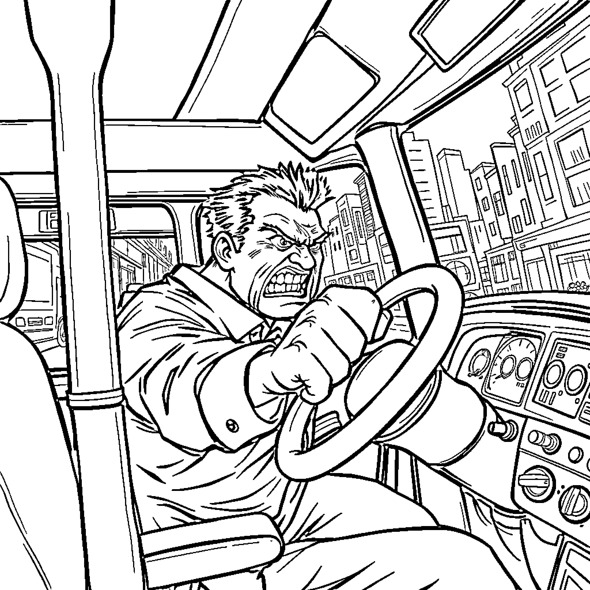 Bus Driver Steering Angrily Through City Streets Coloring Page (free black-and-white line drawing printable PDF for all, from beginners to advanced learners, including children, teens, adults, and seniors)