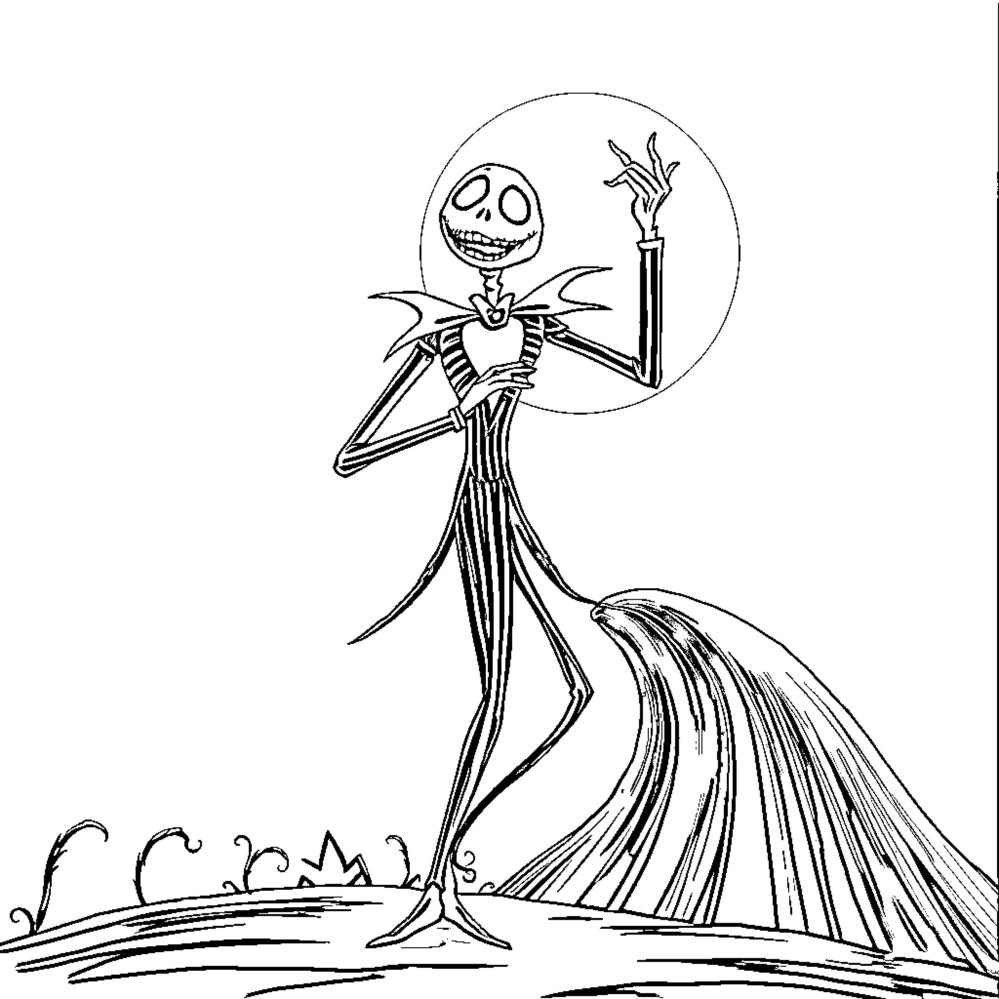 Jack Skellington in Ghostly Pose with Lantern Coloring Page (free black-and-white line drawing printable PDF for all, from beginners to advanced learners, including children, teens, adults, and seniors)