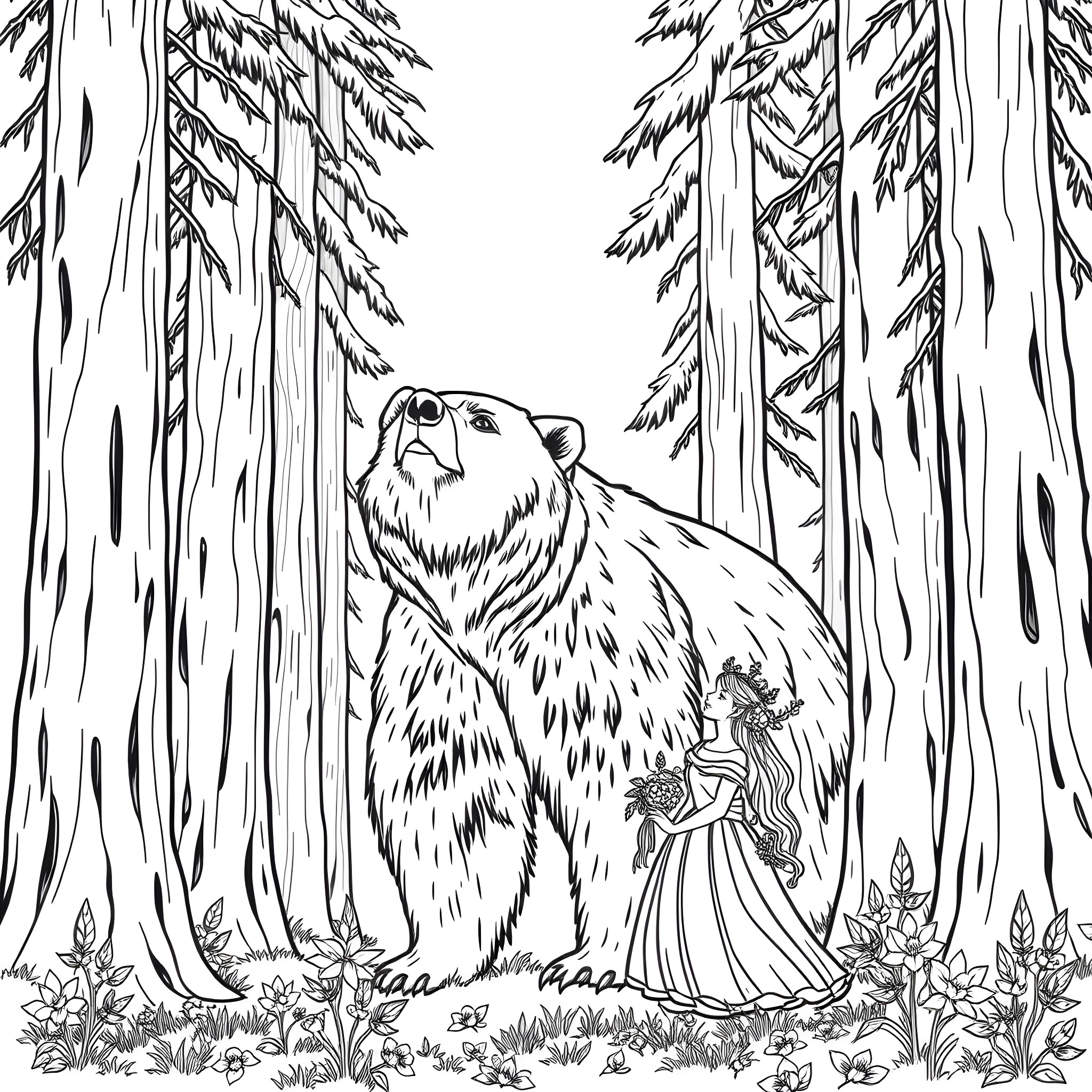 Bear in enchanted forest with fairy Coloring Page (free black-and-white line drawing printable PDF for all, from beginners to advanced learners, including children, teens, adults, and seniors)
