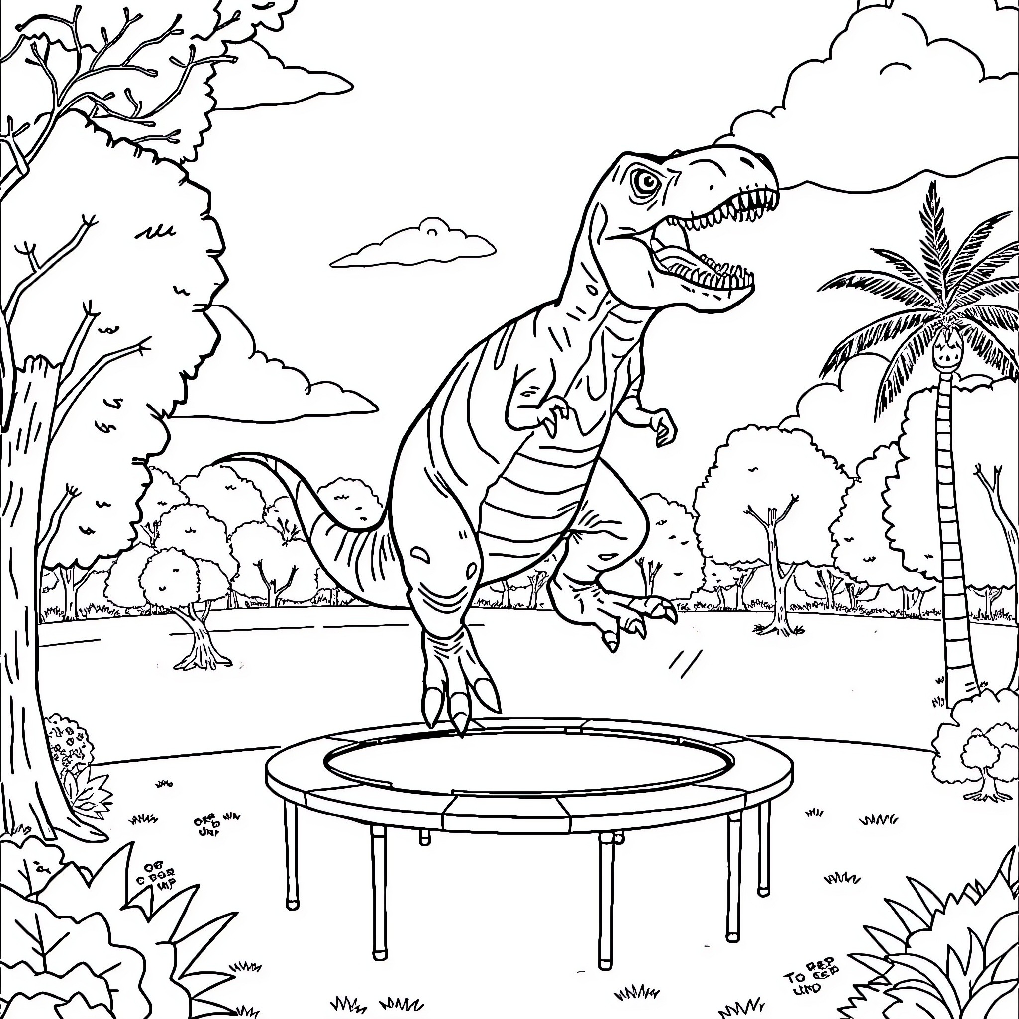 T-Rex jumping on trampoline in jungle landscape Coloring Page (free black-and-white line drawing printable PDF for all, from beginners to advanced learners, including children, teens, adults, and seniors)