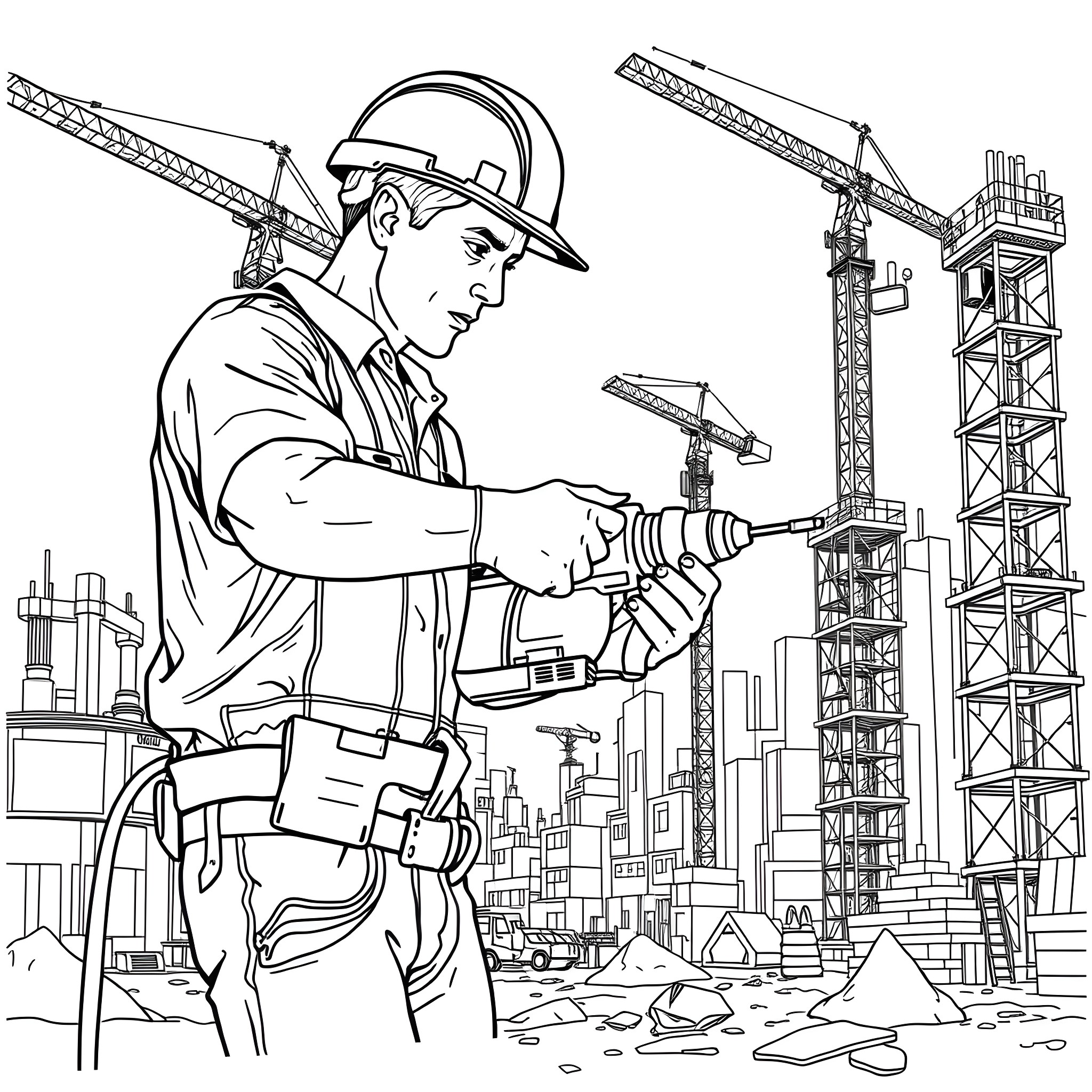 Person operating construction equipment on a construction site Coloring Page (free black-and-white line drawing printable PDF for all, from beginners to advanced learners, including children, teens, adults, and seniors)