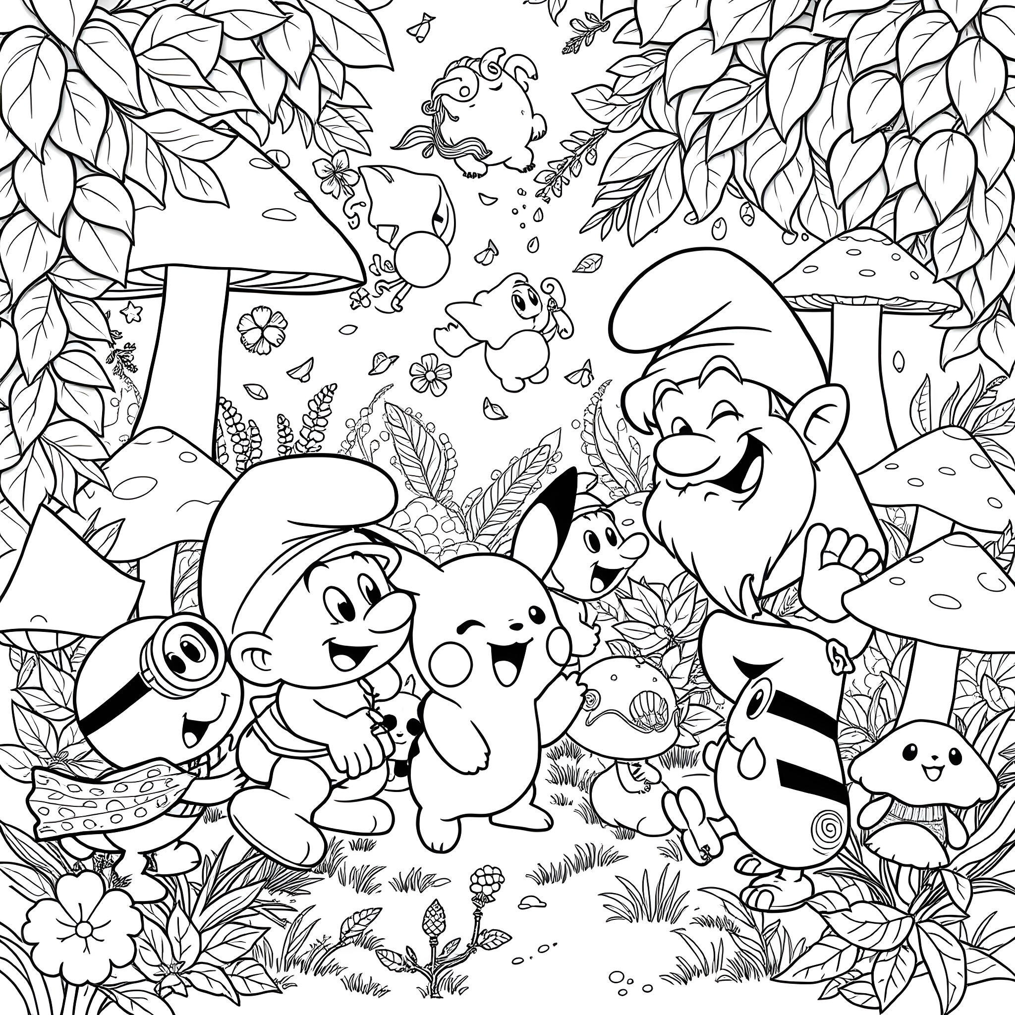Smurfs playing and exploring in the forest Coloring Page (free black-and-white line drawing printable PDF for all, from beginners to advanced learners, including children, teens, adults, and seniors)