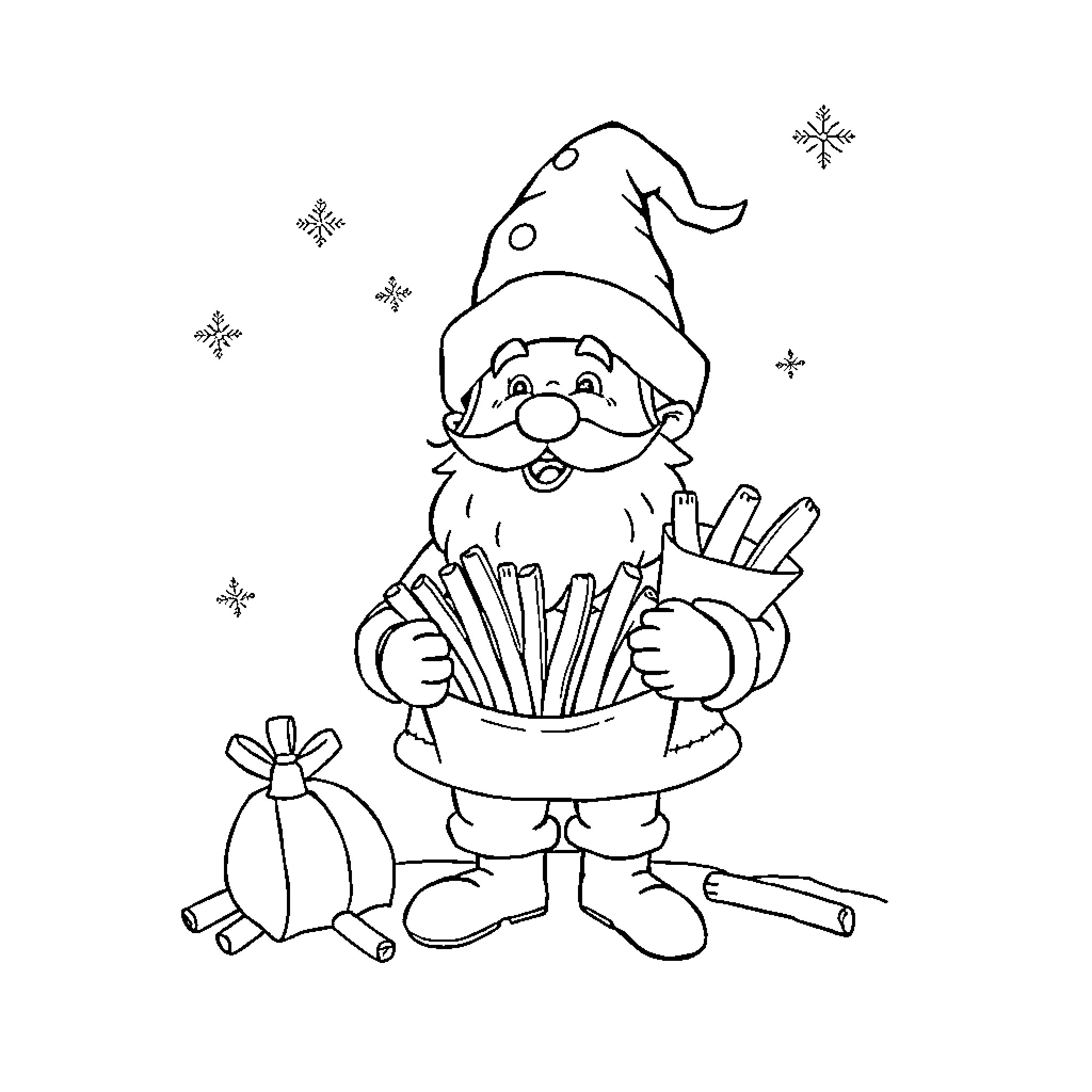 Lutin Holding Art Supplies Joyfully Coloring Page (free black-and-white line drawing printable PDF for all, from beginners to advanced learners, including children, teens, adults, and seniors)